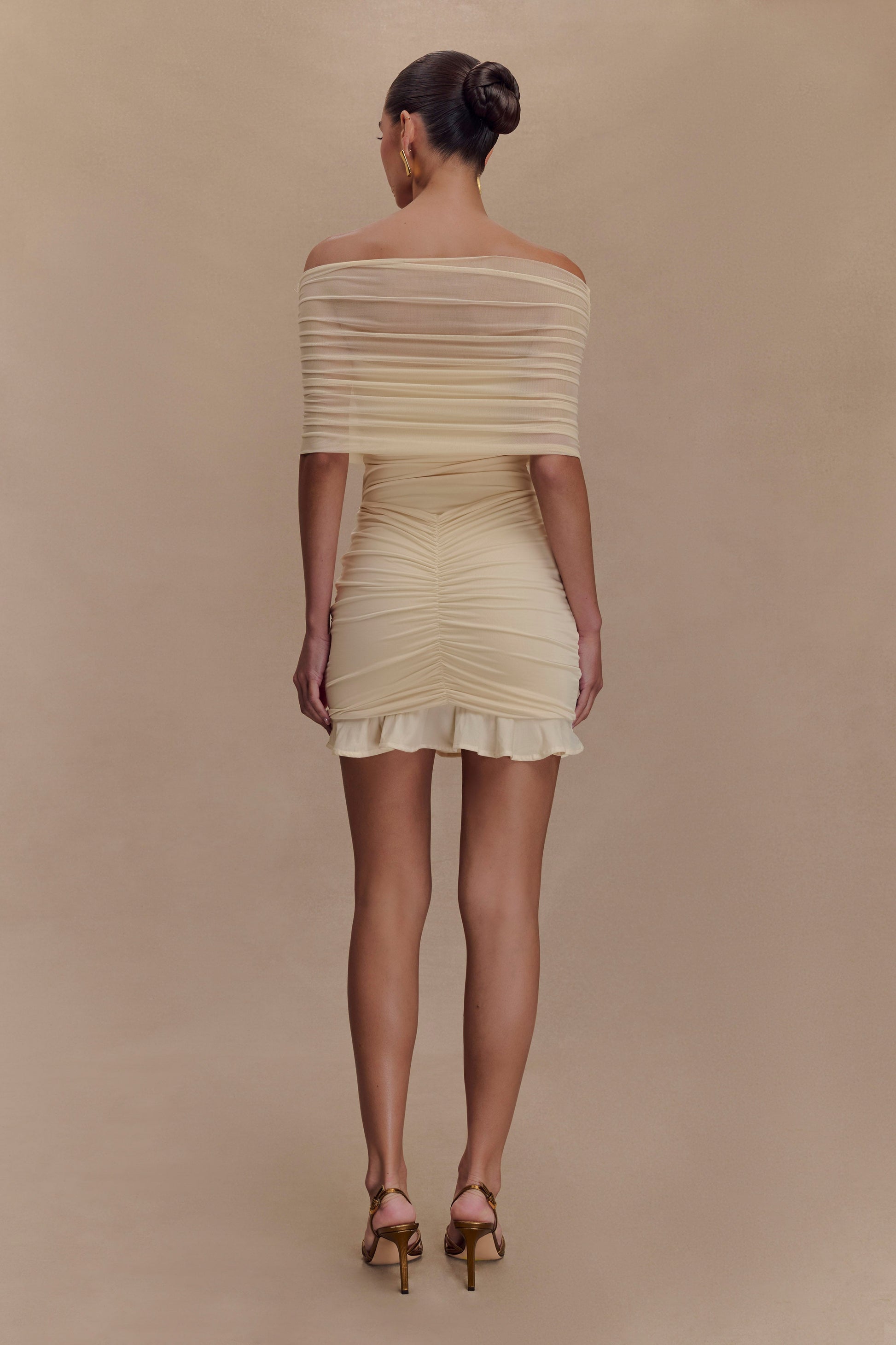 Caspian Slinky And Mesh Off Shoulder Mini Dress / Ivory | MESHKI | XXS Caspian Slinky And Mesh Off Shoulder Mini Dress / Ivory | MESHKI | XXS