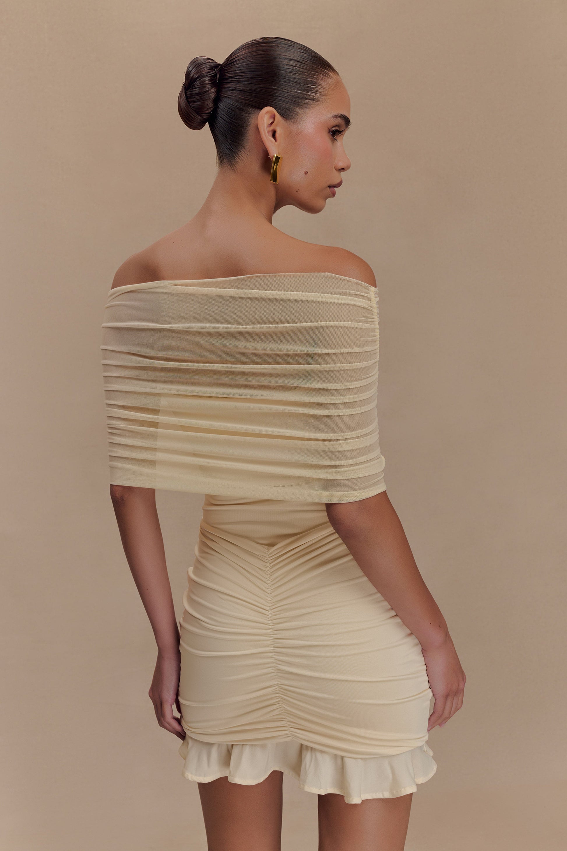 Caspian Slinky and Mesh Off Shoulder Mini Dress / Ivory | Meshki | XL Caspian Slinky and Mesh Off Shoulder Mini Dress / Ivory | Meshki | XL