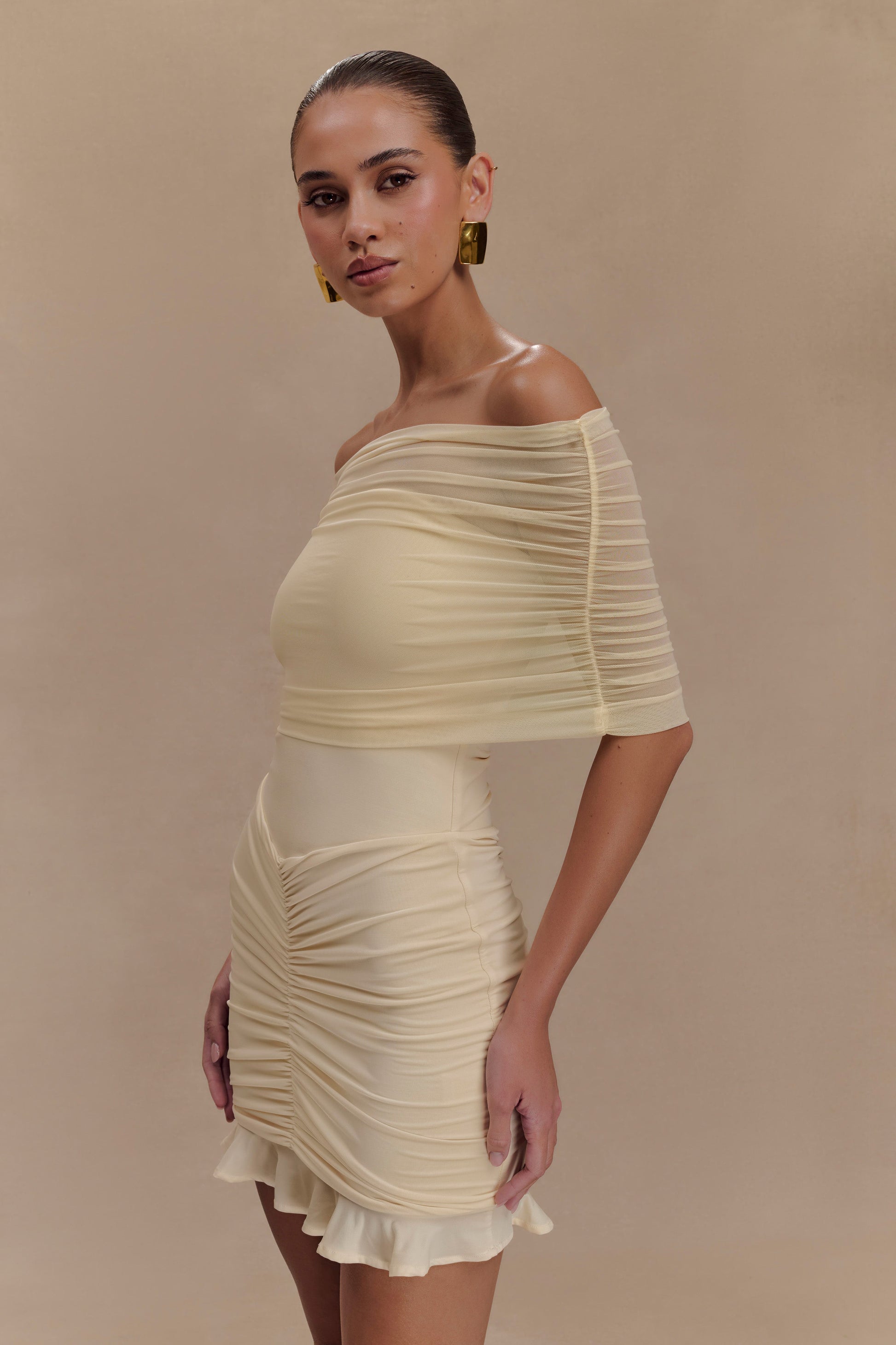Caspian Slinky And Mesh Off Shoulder Mini Dress - Ivory | MESHKI US Caspian Slinky And Mesh Off Shoulder Mini Dress - Ivory | MESHKI US