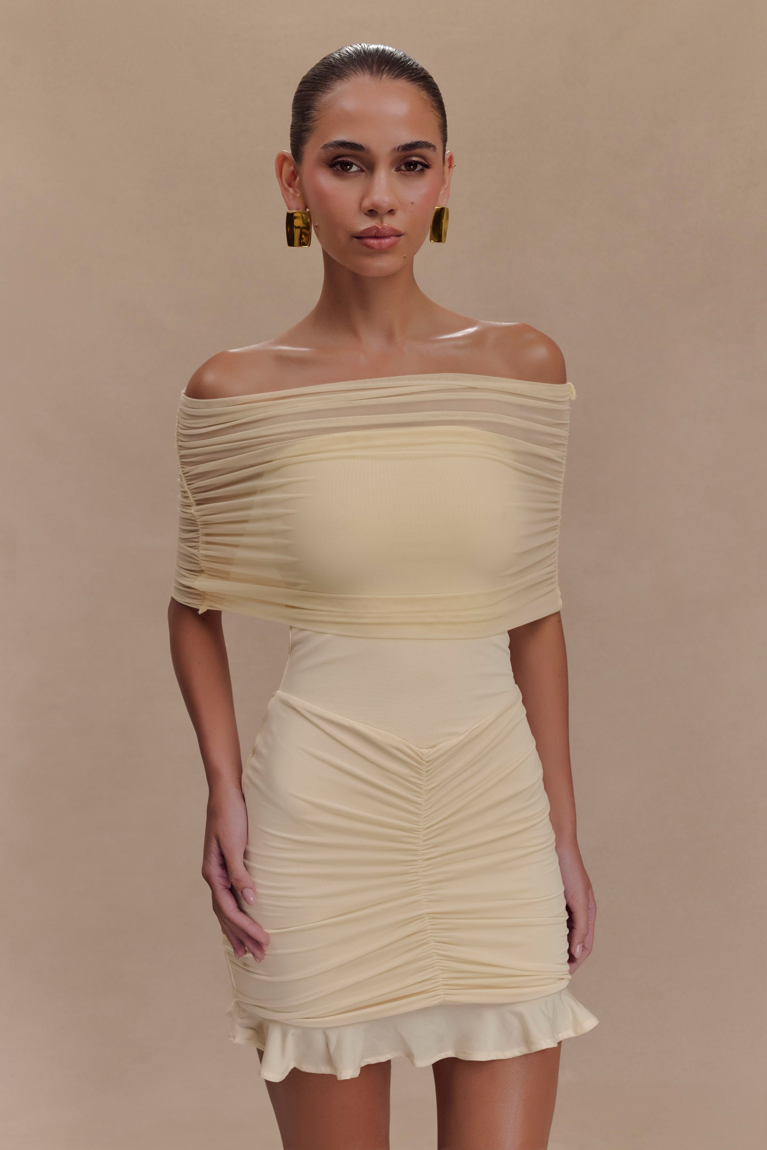 Caspian Slinky And Mesh Off Shoulder Mini Dress - Ivory | MESHKI US