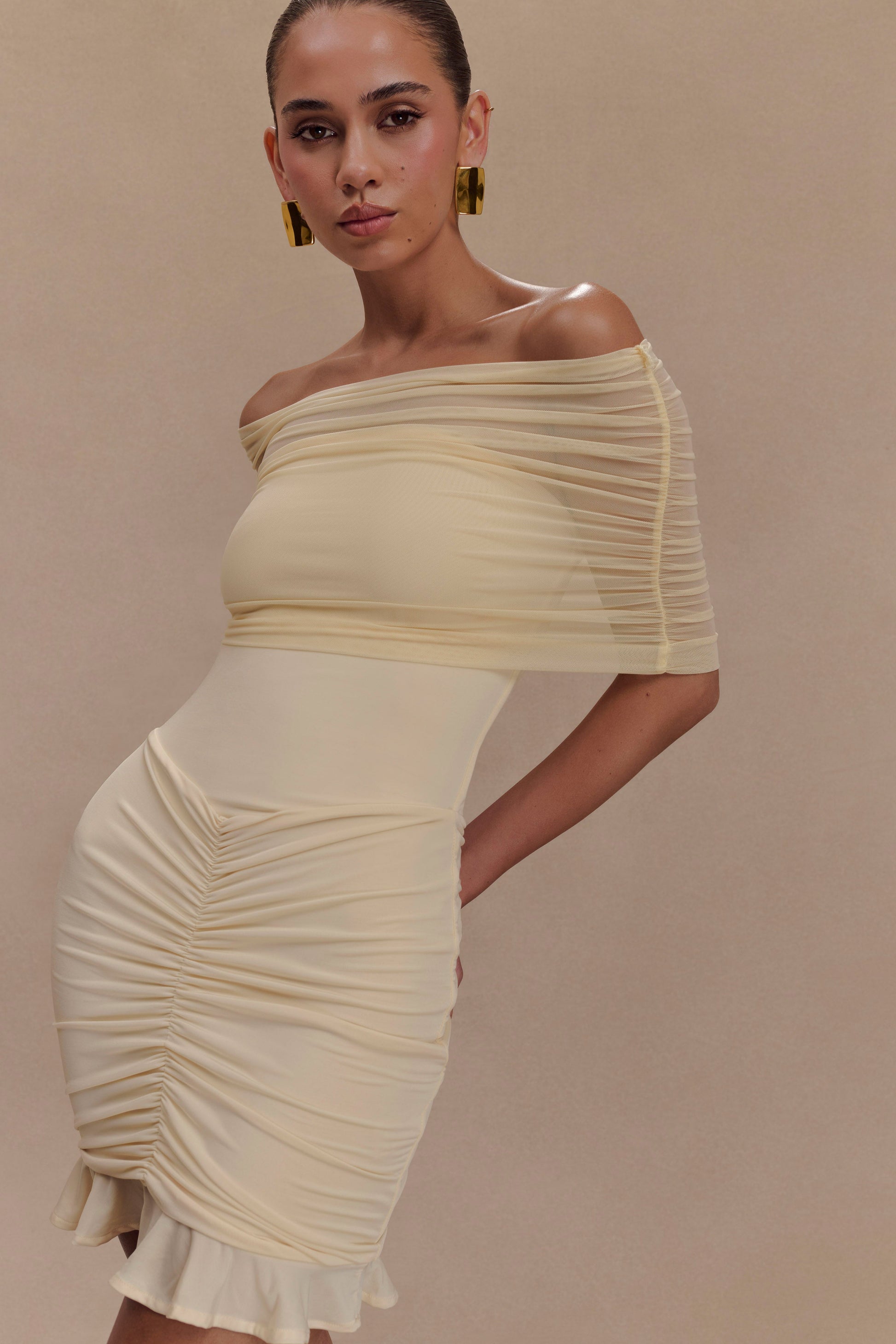 mesh asymmetric off shoulder mini dress in cream Asymmetric Cut Out Mini Dress in Cream