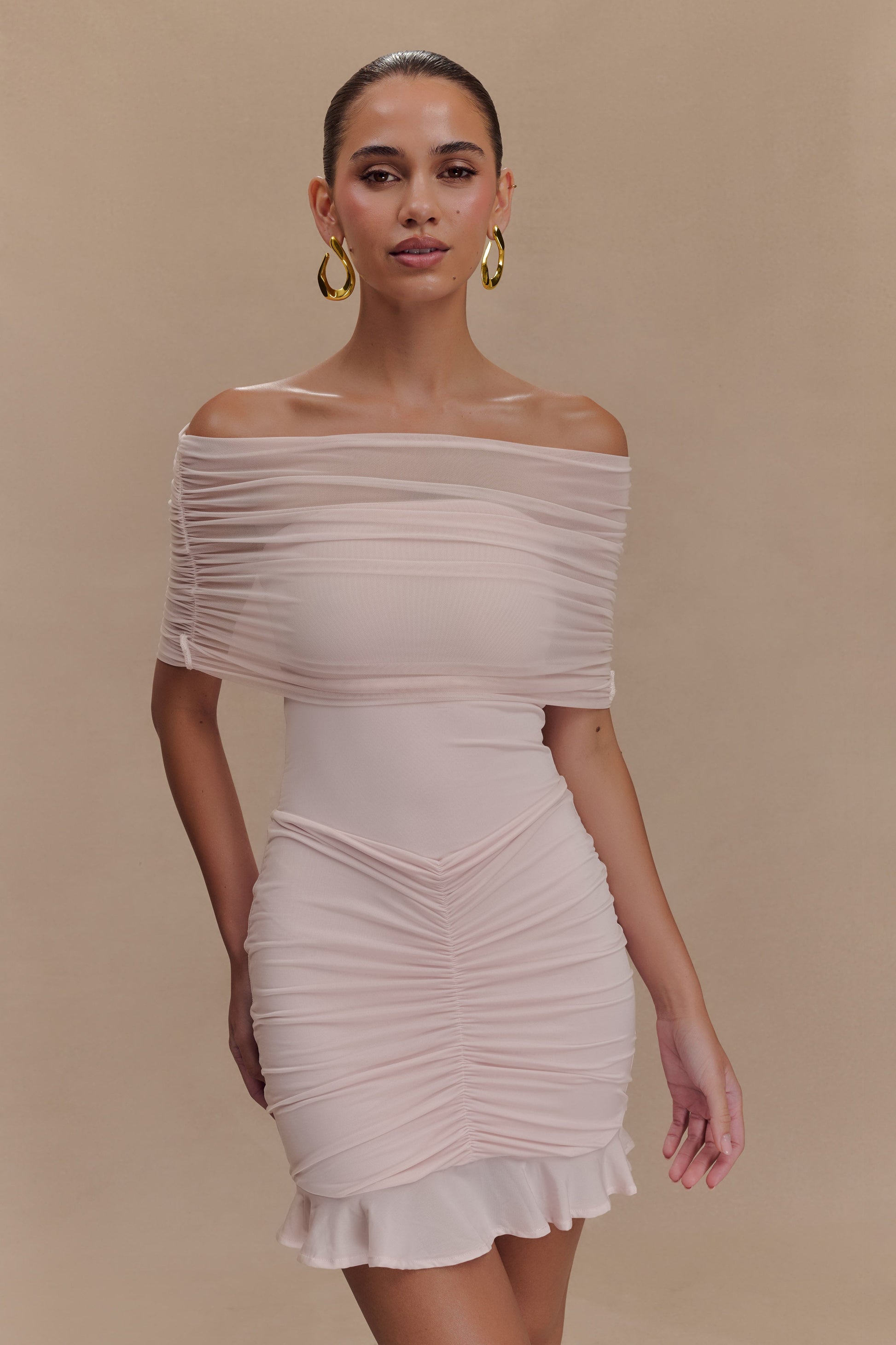 women's light pink off the shoulder dress for traveling Rozalee Long Sleeve Off Shoulder Mini Dress Pink