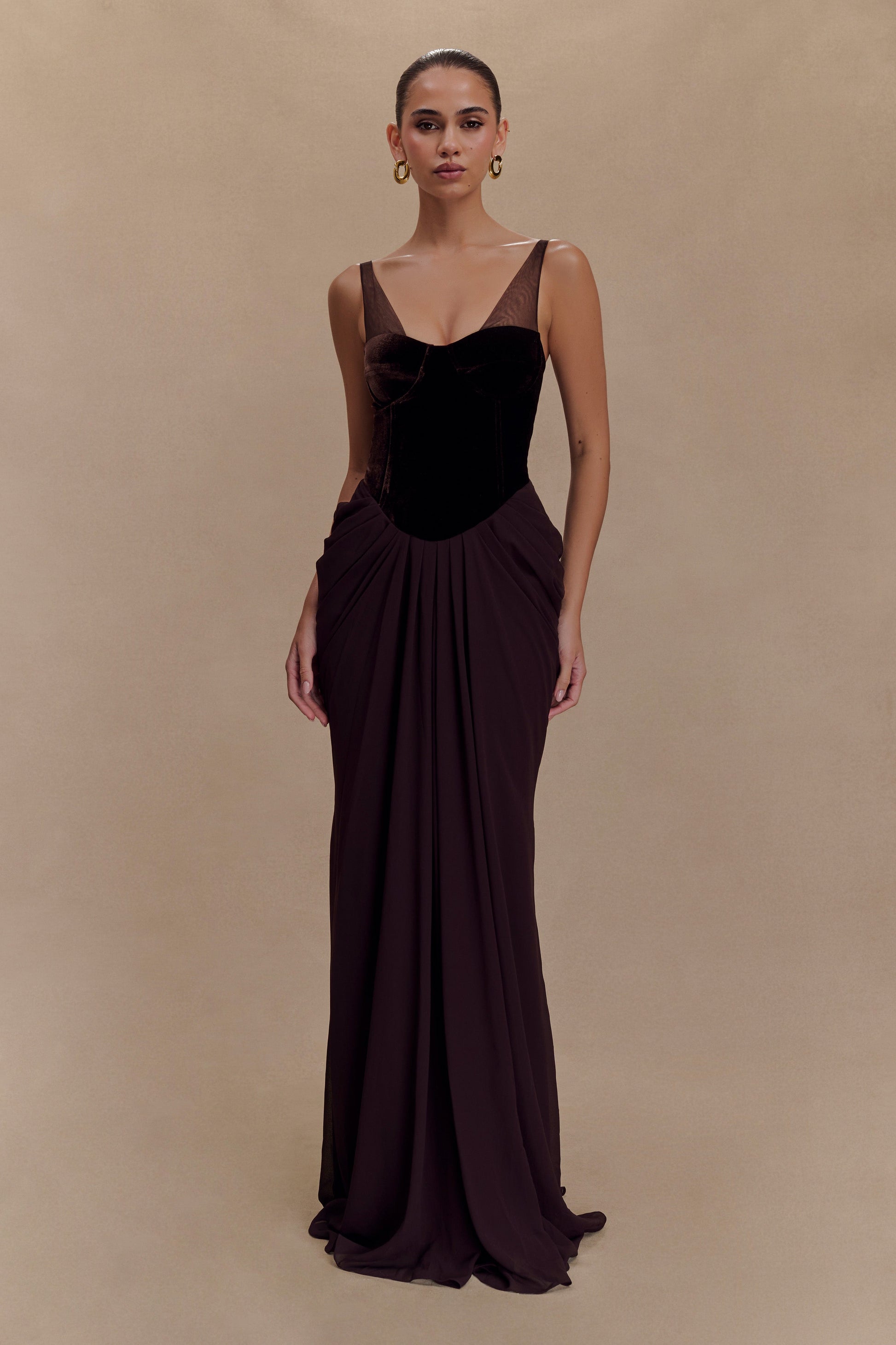 Roxanne Velvet Corset Maxi Dress - Cacao Brown | MESHKI US Roxanne Velvet Corset Maxi Dress - Cacao Brown | MESHKI US