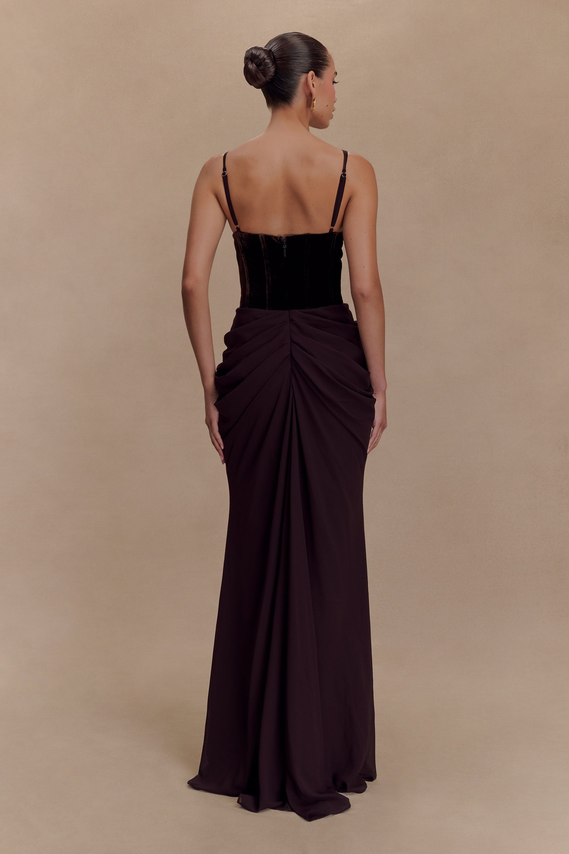 Roxanne Velvet Corset Maxi Dress / Cacao Brown | MESHKI | XXS Roxanne Velvet Corset Maxi Dress / Cacao Brown | MESHKI | XXS