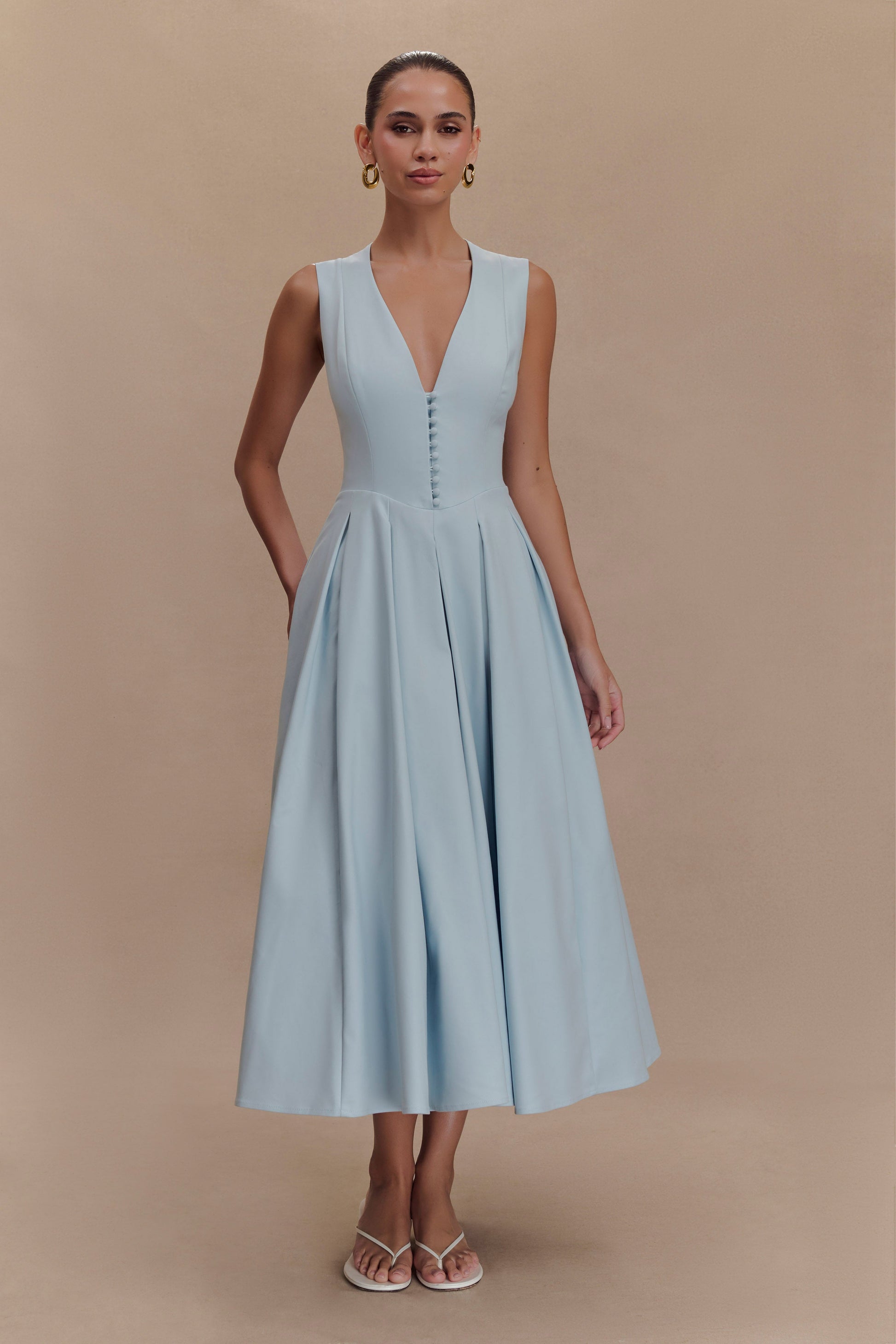 Keely Cotton Sleeveless Midi Dress - Sky Blue | MESHKI US Keely Cotton Sleeveless Midi Dress - Sky Blue | MESHKI US