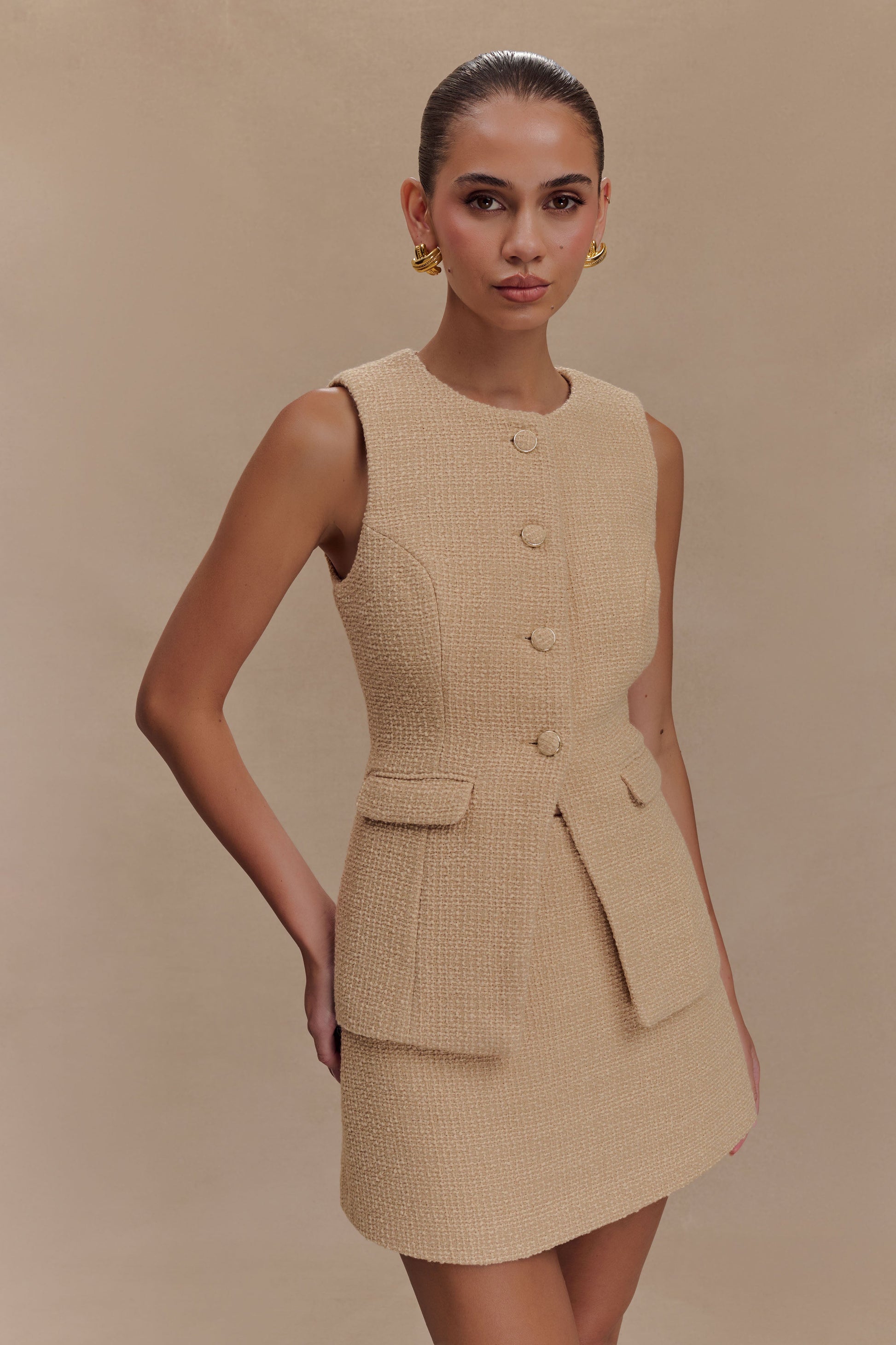 Camilla Boucle Sleeveless Vest / Light Taupe | MESHKI | M Camilla Boucle Sleeveless Vest / Light Taupe | MESHKI | M