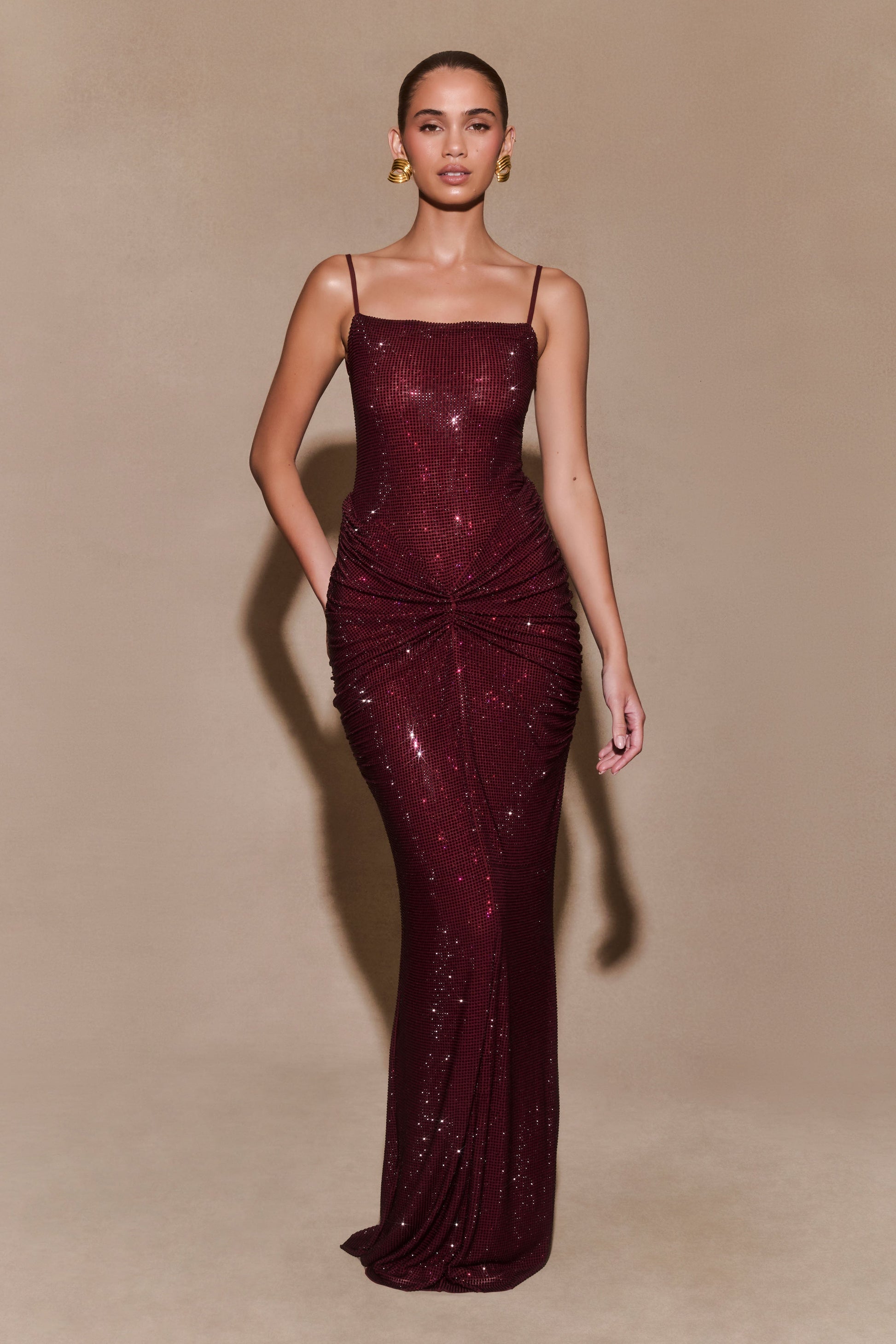 Roisin Diamante Maxi Dress / Mahogany | MESHKI | XS Roisin Diamante Maxi Dress / Mahogany | MESHKI | XS