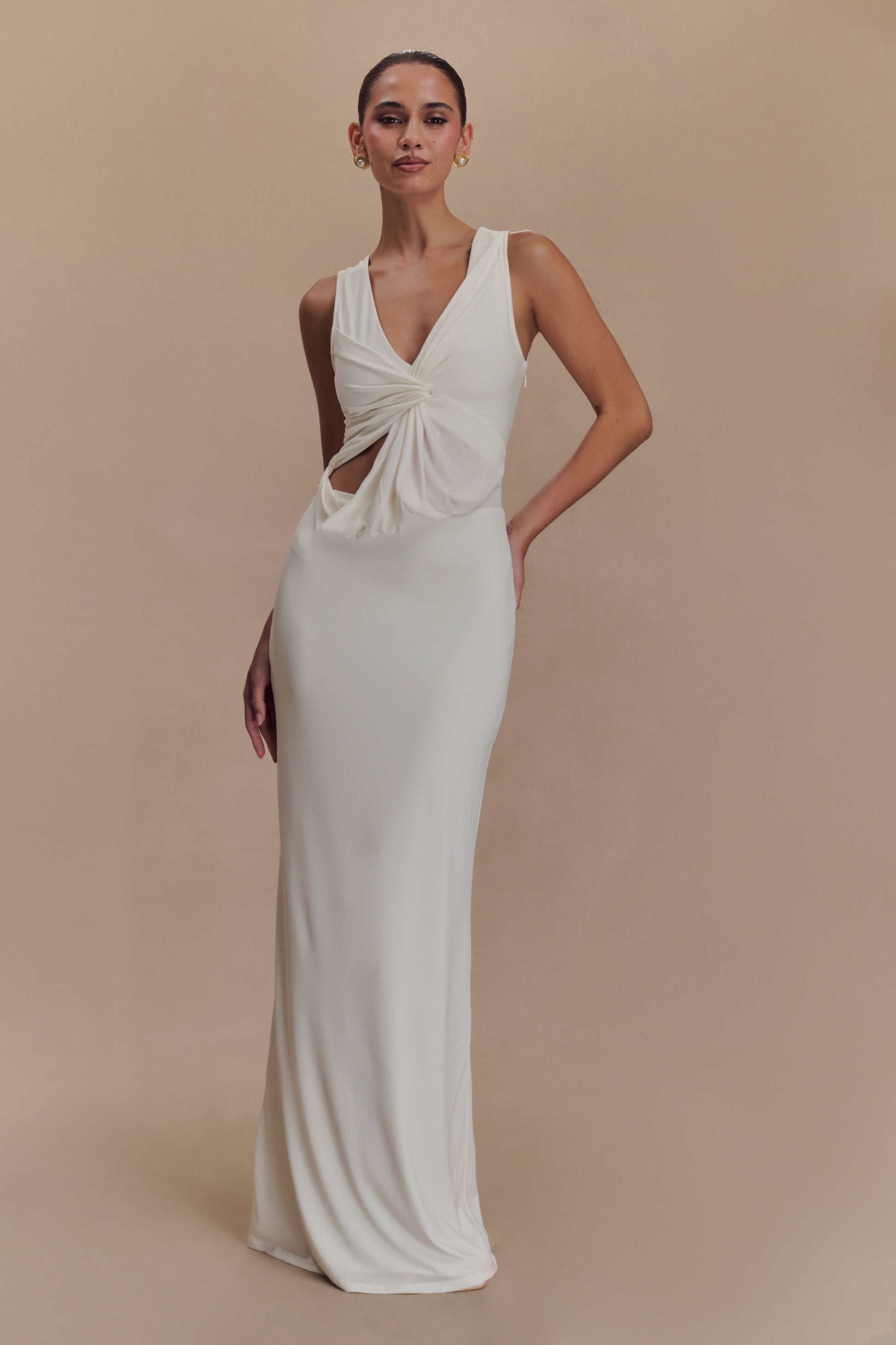 Kassidy Peached Jersey Maxi Dress / Ivory | MESHKI | S Kassidy Peached Jersey Maxi Dress / Ivory | MESHKI | S