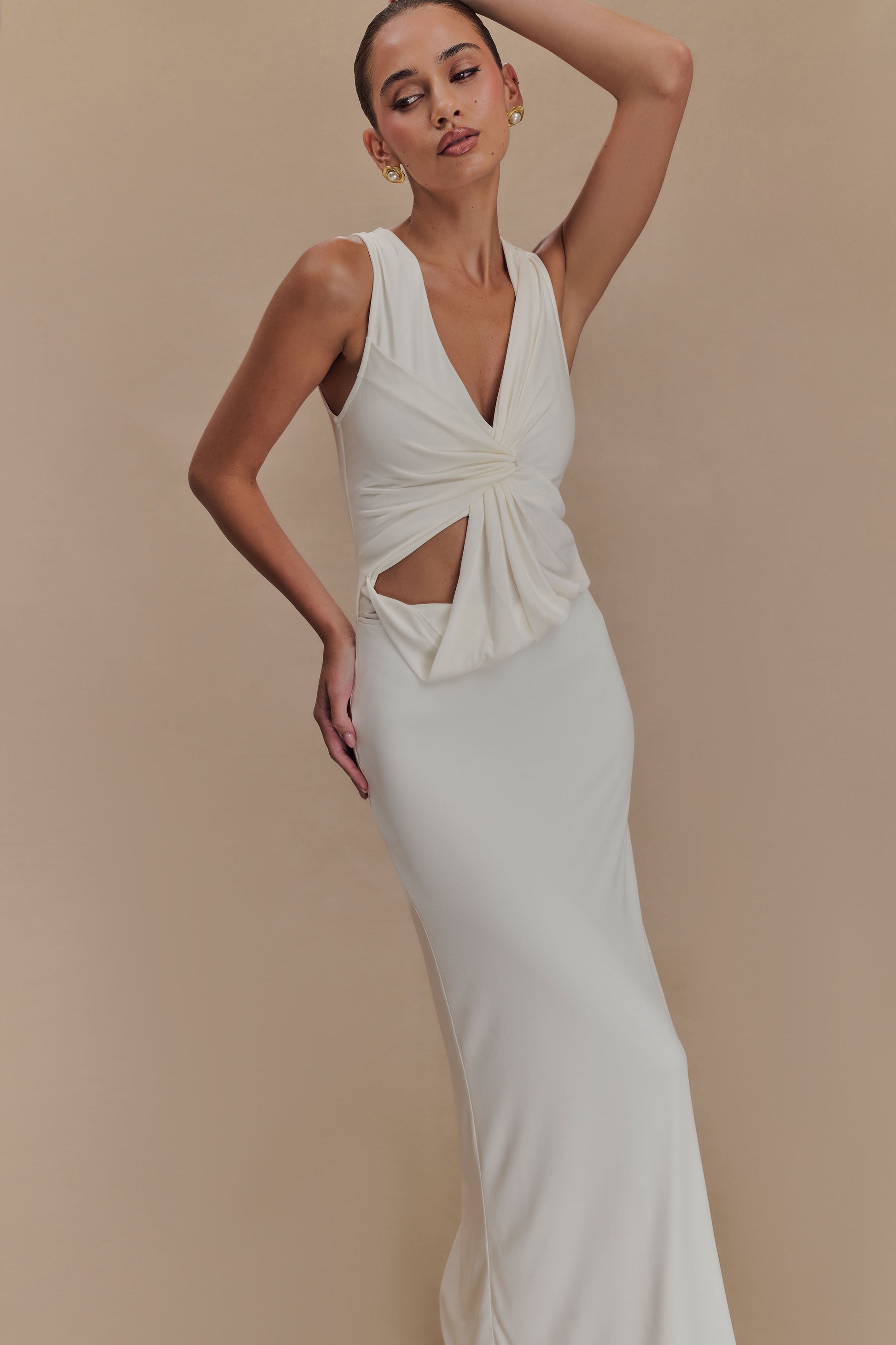 Kassidy Peached Jersey Maxi Dress / Ivory | MESHKI | S Kassidy Peached Jersey Maxi Dress / Ivory | MESHKI | S