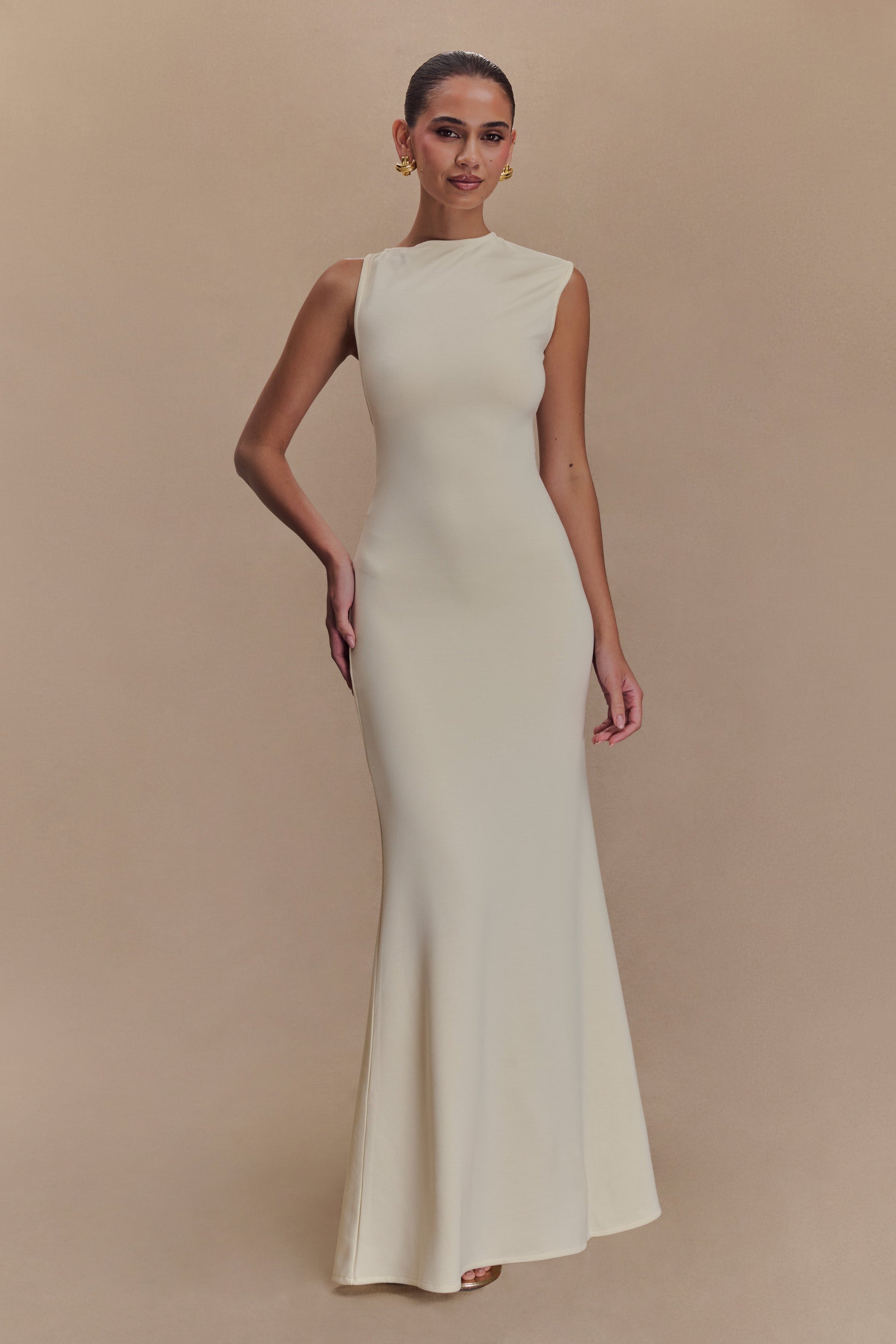 Katerina Scuba Jersey Cut Out Maxi Dress / Ivory | MESHKI | XXL Katerina Scuba Jersey Cut Out Maxi Dress / Ivory | MESHKI | XXL