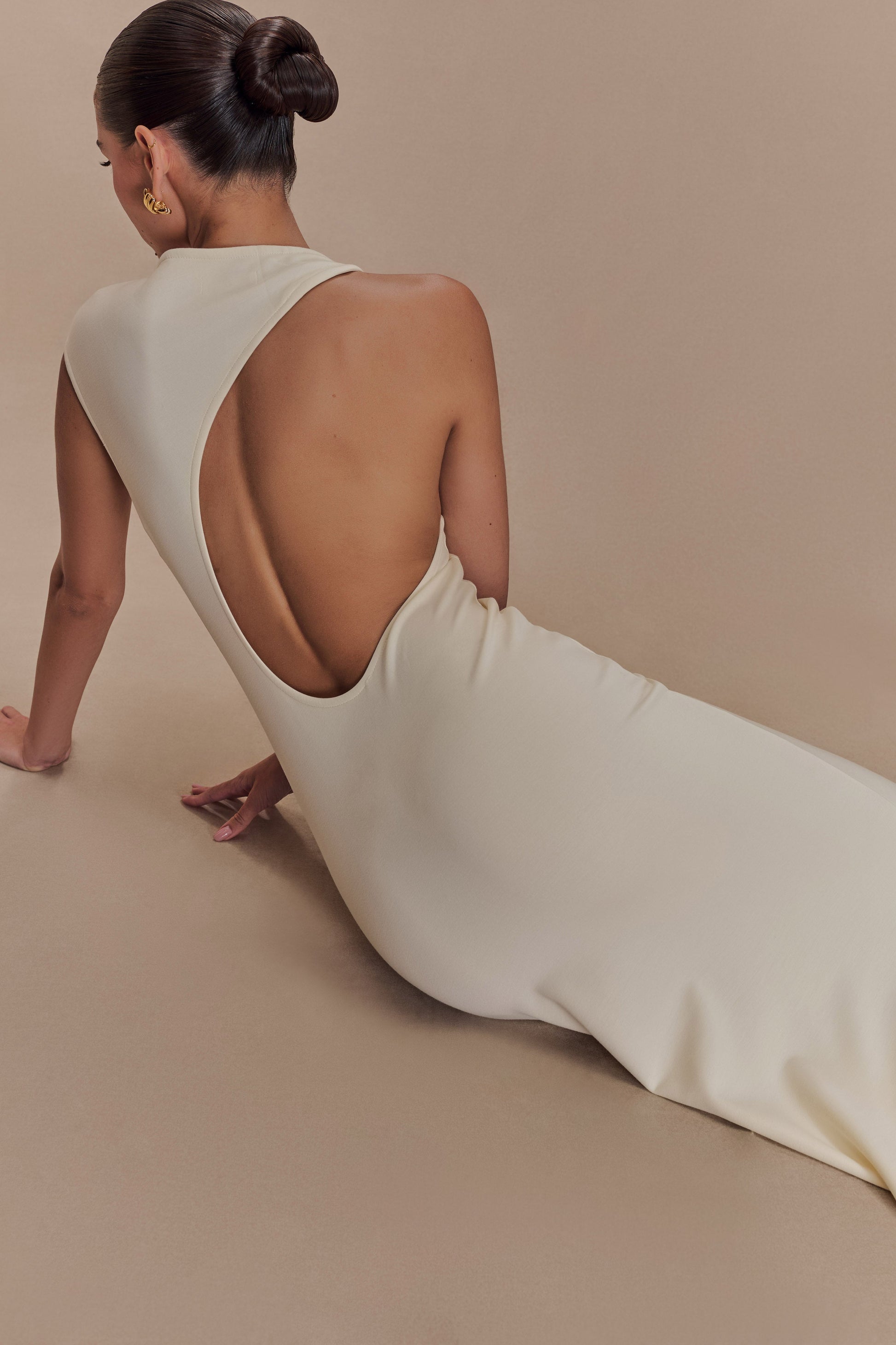 Katerina Scuba Jersey Cut Out Maxi Dress - Ivory | MESHKI US Katerina Scuba Jersey Cut Out Maxi Dress - Ivory | MESHKI US