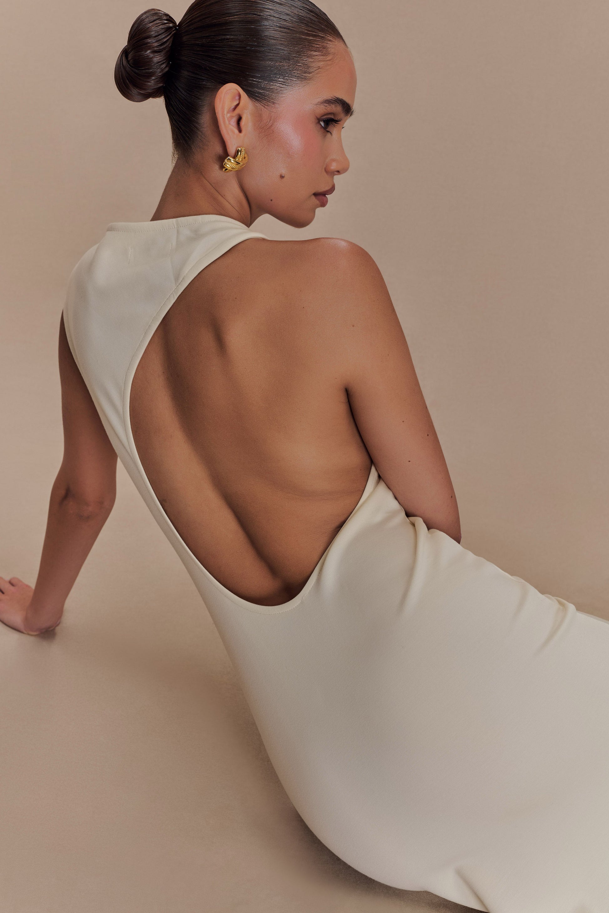 Katerina Scuba Jersey Cut Out Maxi Dress - Ivory | MESHKI US Katerina Scuba Jersey Cut Out Maxi Dress - Ivory | MESHKI US