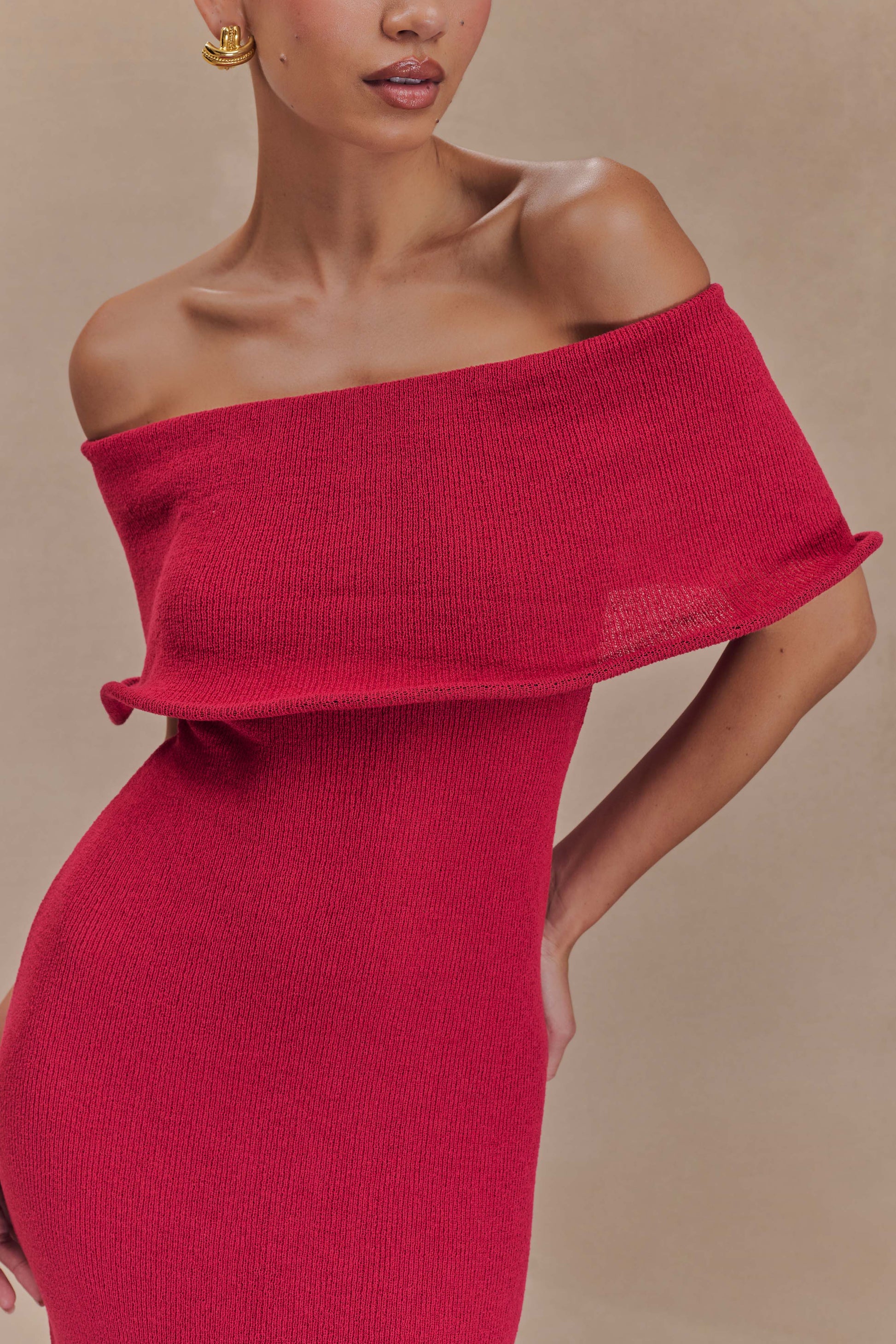 Molly Off Shoulder Knit Midi Dress / Raspberry | MESHKI | XL Molly Off Shoulder Knit Midi Dress / Raspberry | MESHKI | XL