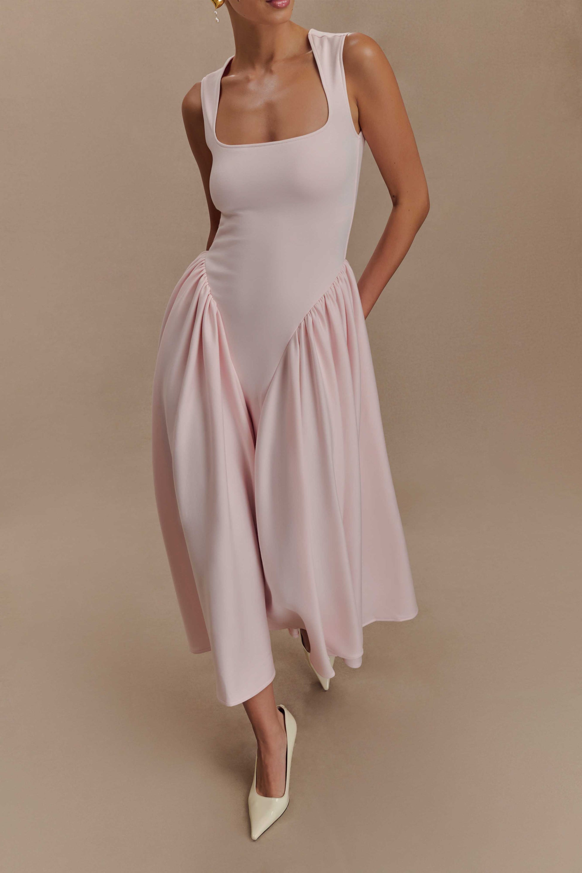 nude bonded scuba plunge ruffle skater midi dress PrettyLittleThings | Dresses | Nude Bonded Scuba Plunge Ruffle Skater Midi Dress
