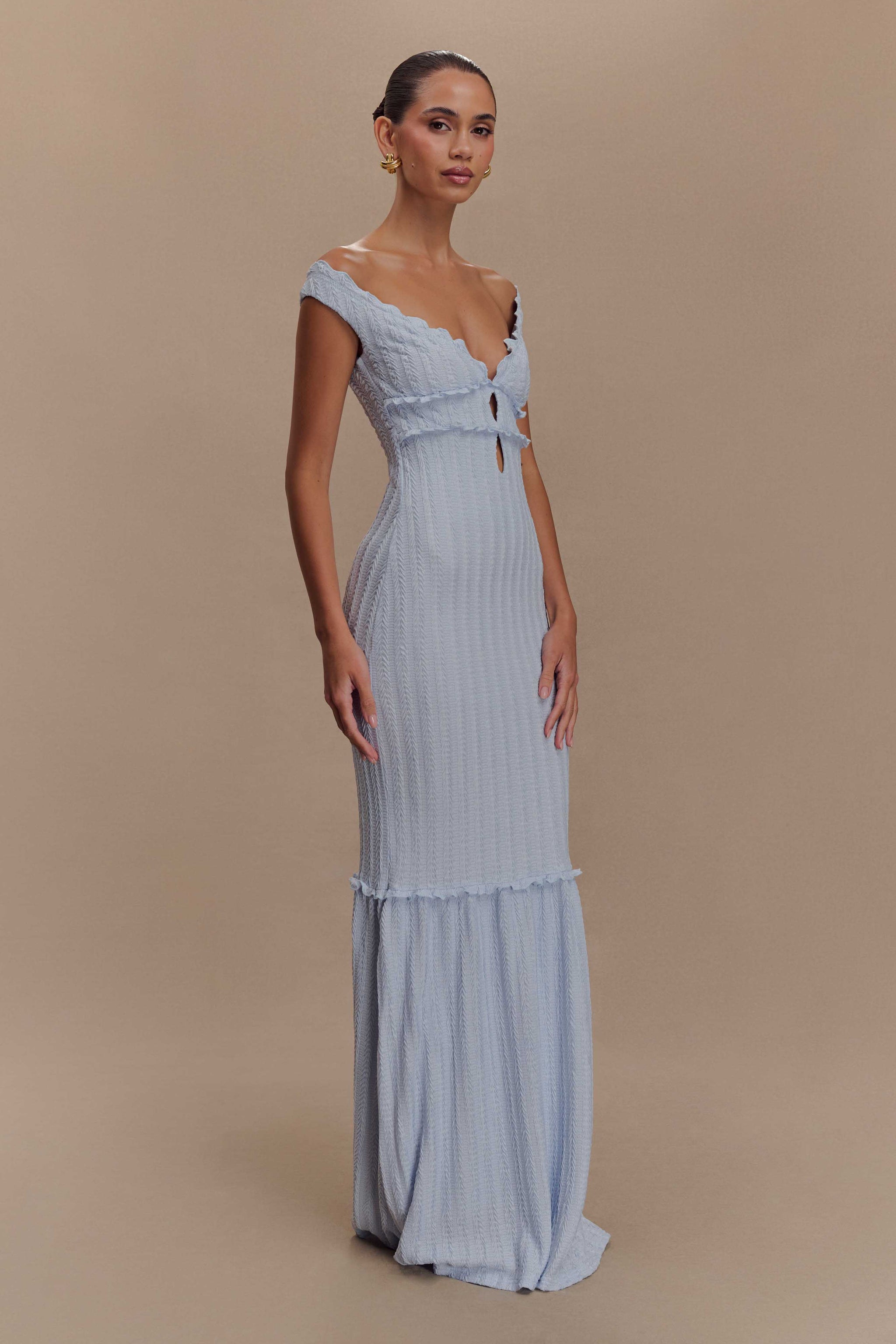 Darla Mesh And Slinky Off Shoulder Maxi Dress - Sky Blue main image 1