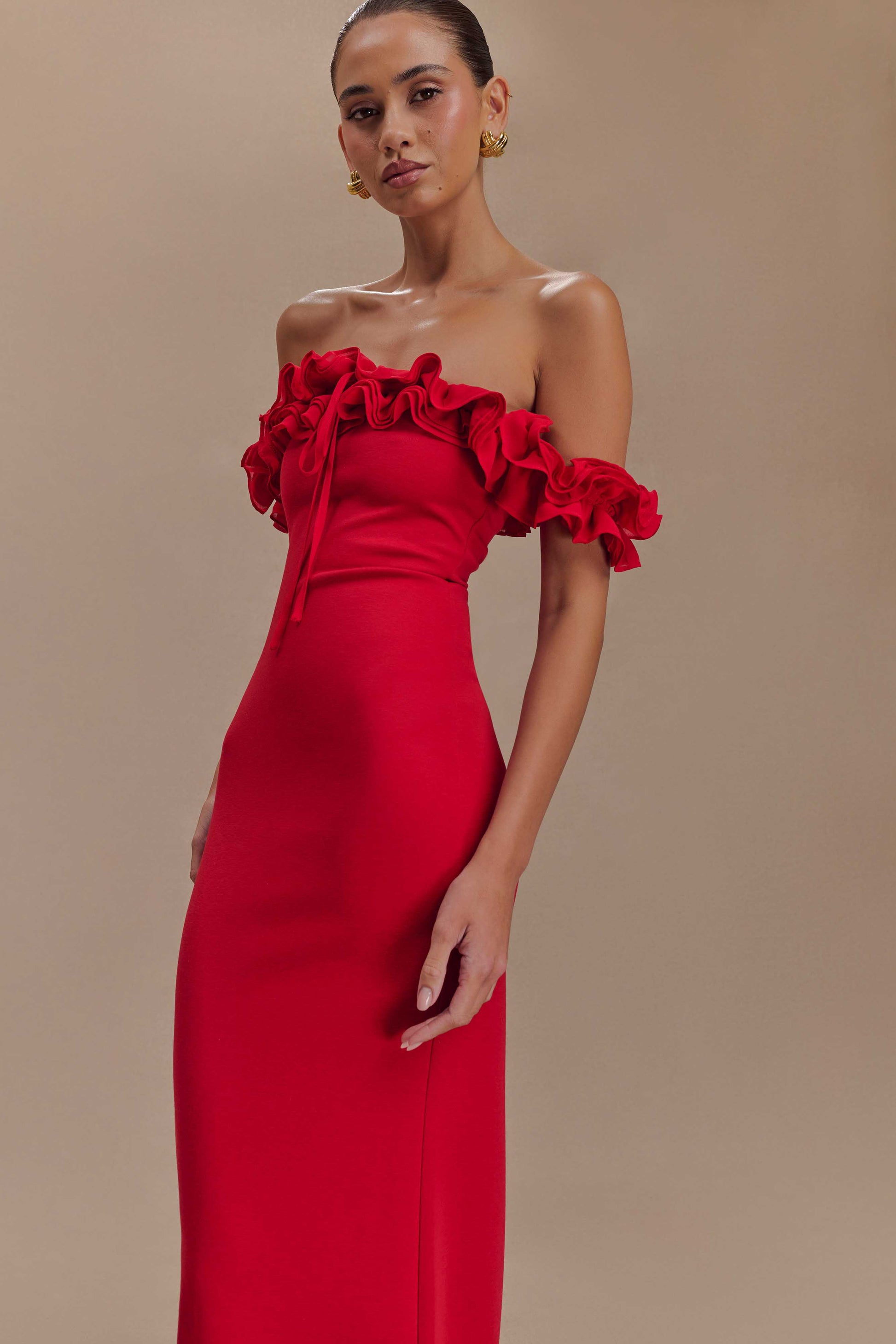 Nova Ruffle Off Shoulder Maxi Dress - Ruby | MESHKI US Nova Ruffle Off Shoulder Maxi Dress - Ruby | MESHKI US