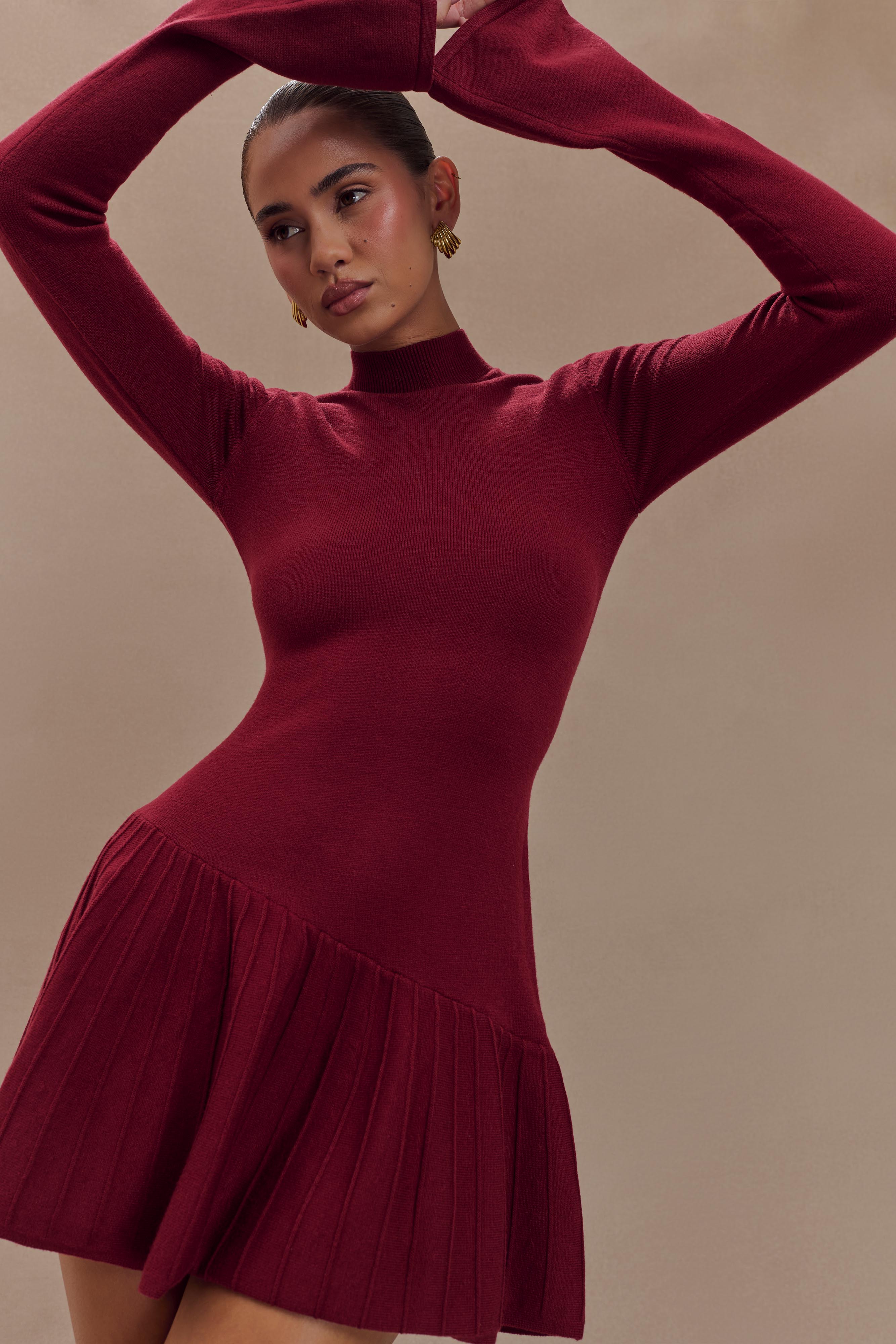 Blair Knit Mini Dress With Pleats - Merlot | MESHKI US
