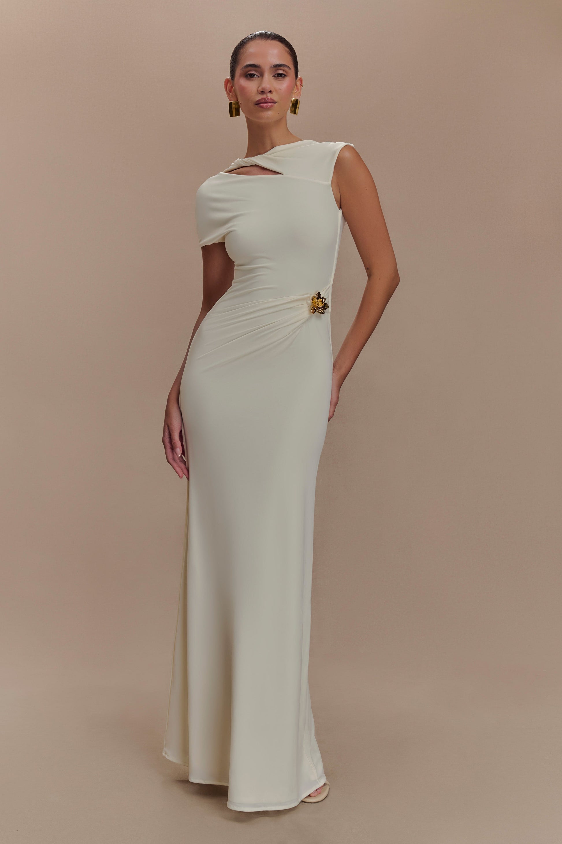 Kaida Slinky Maxi Dress With Hardware - Ivory | MESHKI US Kaida Slinky Maxi Dress With Hardware - Ivory | MESHKI US
