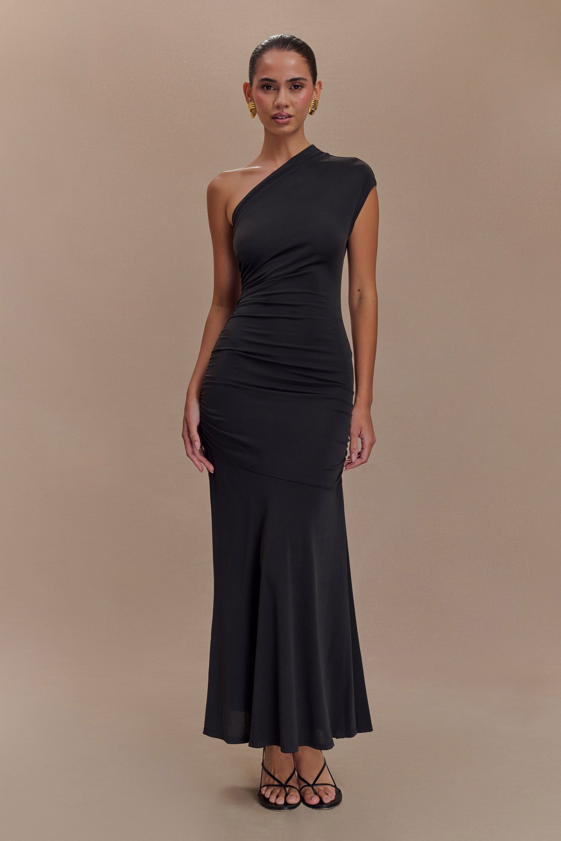 Chloe Peached Jersey One Shoulder Midi Dress / Black | MESHKI | XXS Chloe Peached Jersey One Shoulder Midi Dress / Black | MESHKI | XXS