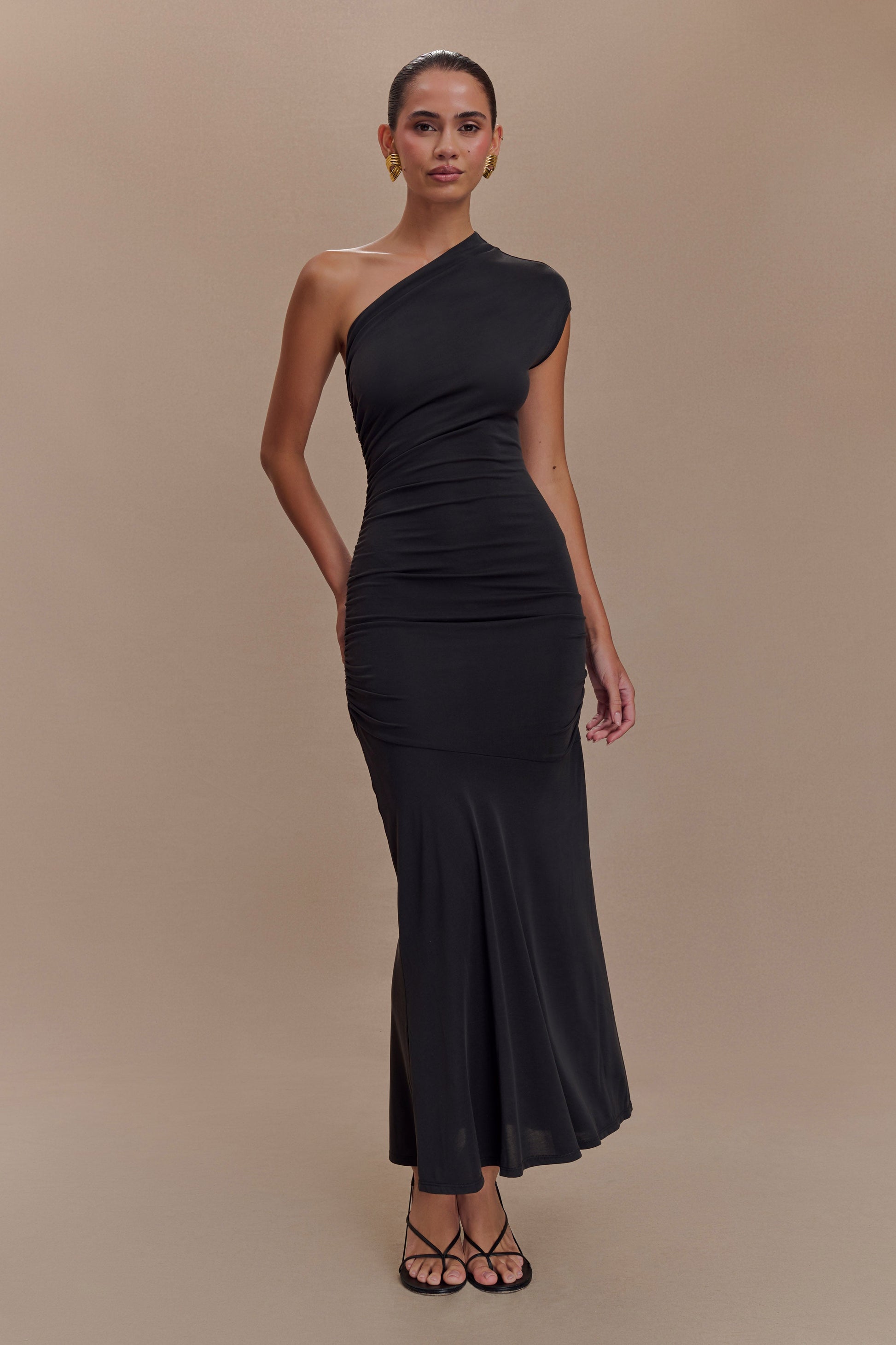 Chloe Peached Jersey One Shoulder Midi Dress / Black | MESHKI | XXS Chloe Peached Jersey One Shoulder Midi Dress / Black | MESHKI | XXS
