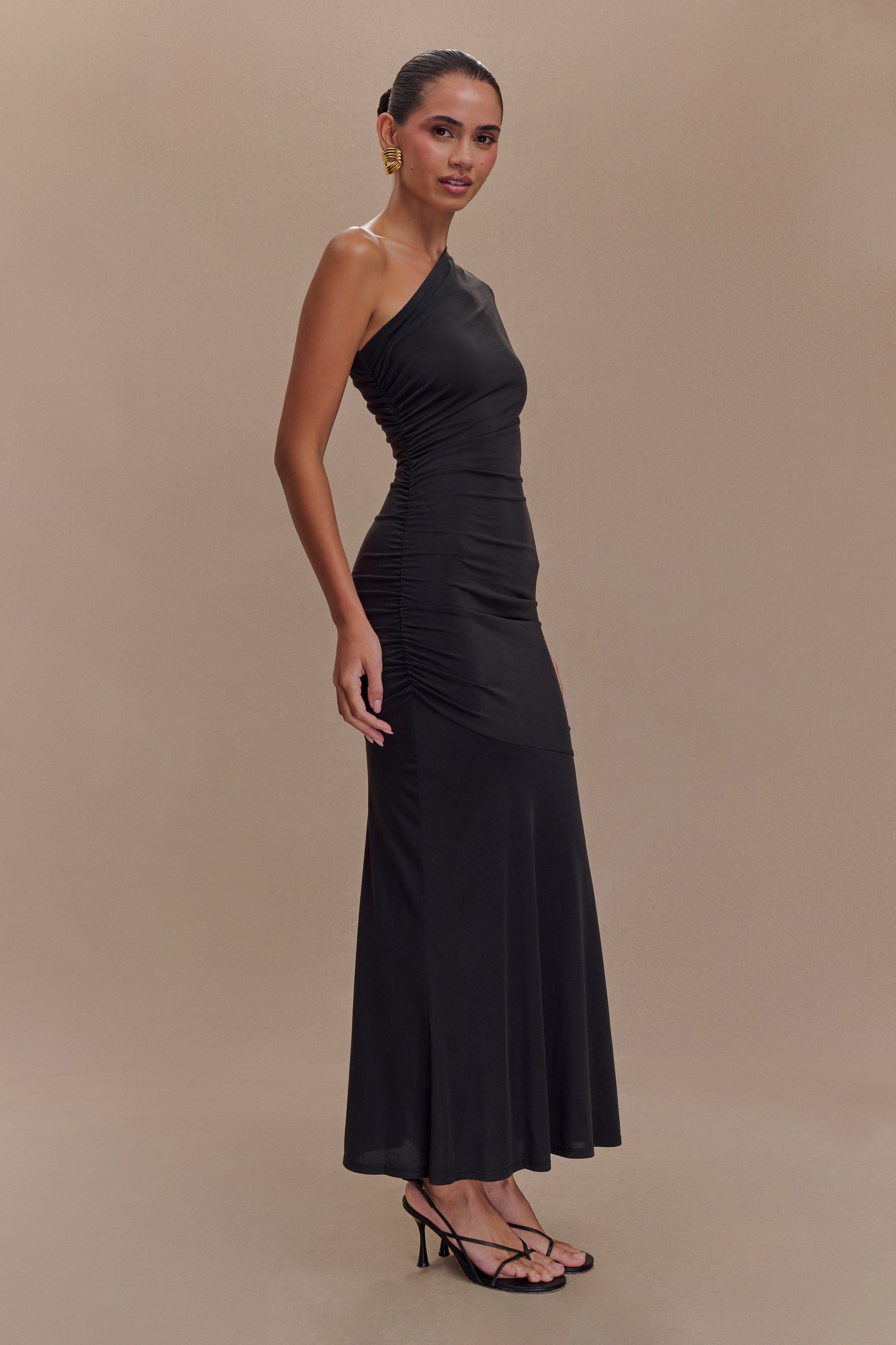 Chloe Peached Jersey One Shoulder Midi Dress / Black | MESHKI | XXS Chloe Peached Jersey One Shoulder Midi Dress / Black | MESHKI | XXS