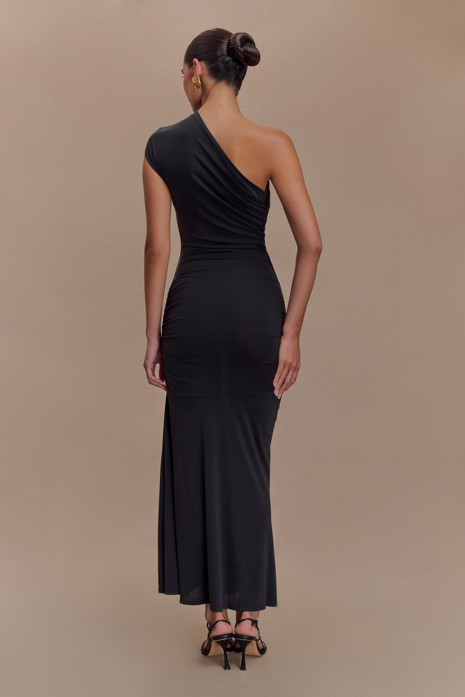 Chloe Peached Jersey One Shoulder Midi Dress / Black | Meshki | XXS Chloe Peached Jersey One Shoulder Midi Dress / Black | Meshki | XXS