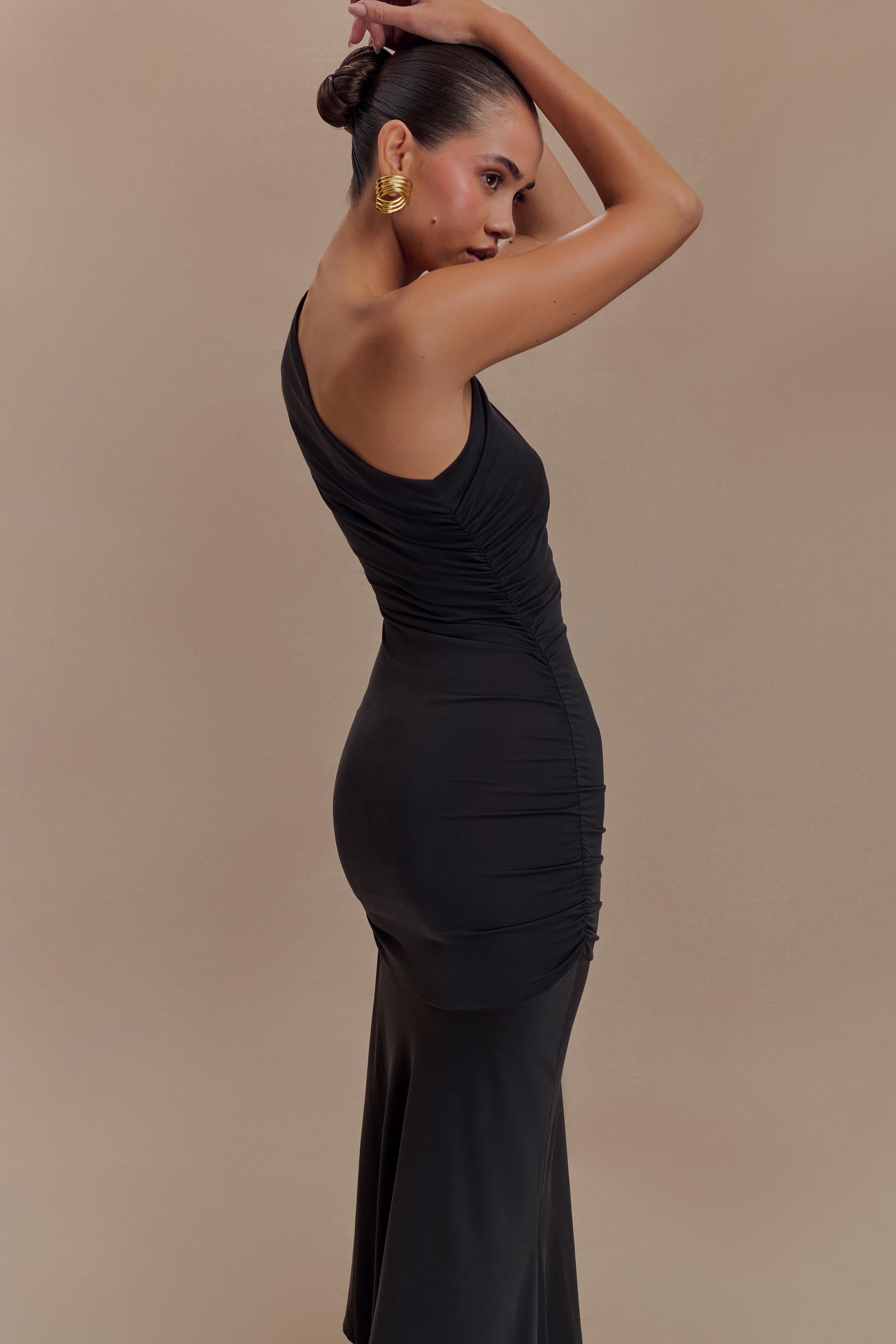 Chloe Peached Jersey One Shoulder Midi Dress - Black | MESHKI US Chloe Peached Jersey One Shoulder Midi Dress - Black | MESHKI US