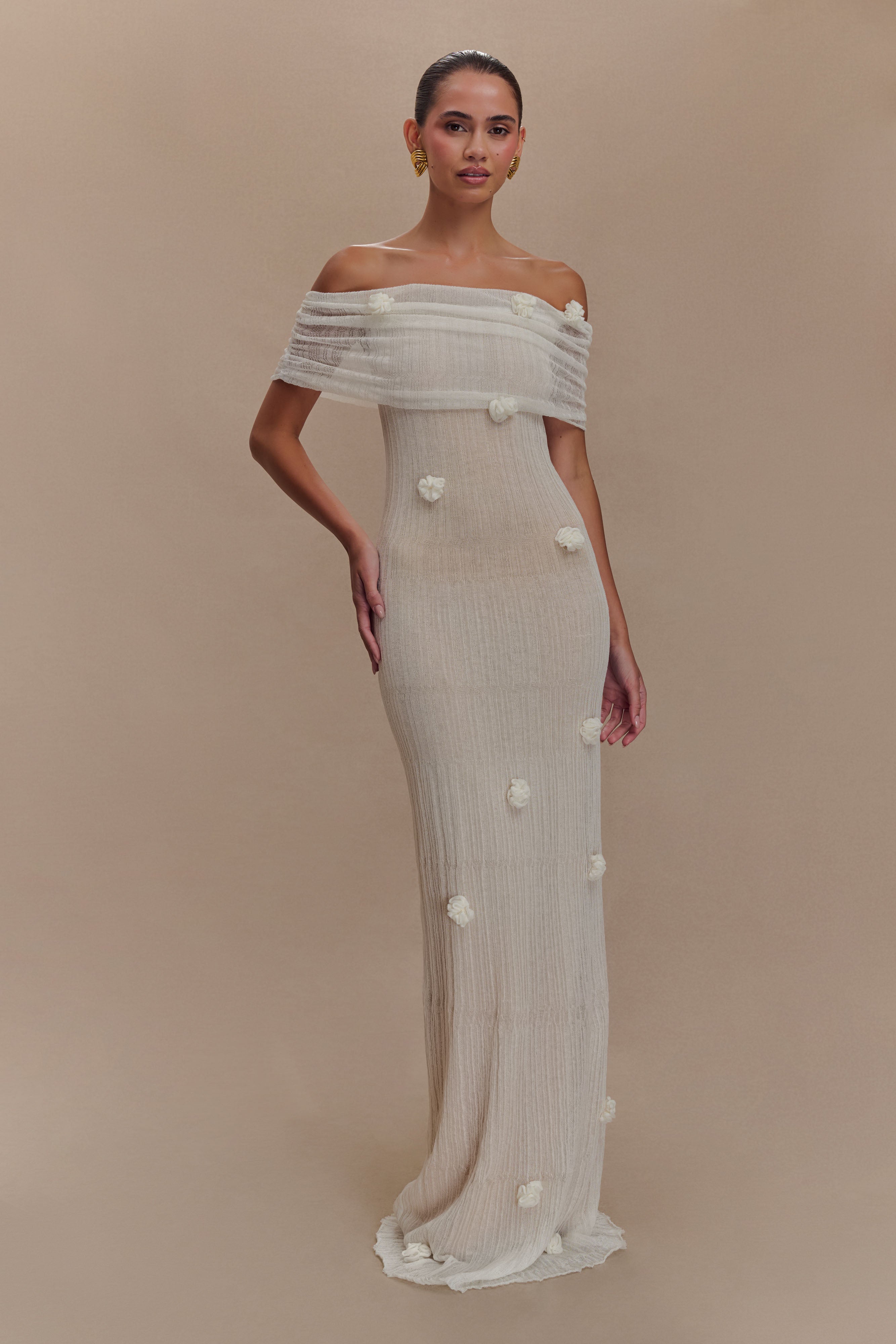 Brynn Orchid Knit Maxi Dress - Ivory | MESHKI US Brynn Orchid Knit Maxi Dress - Ivory | MESHKI US