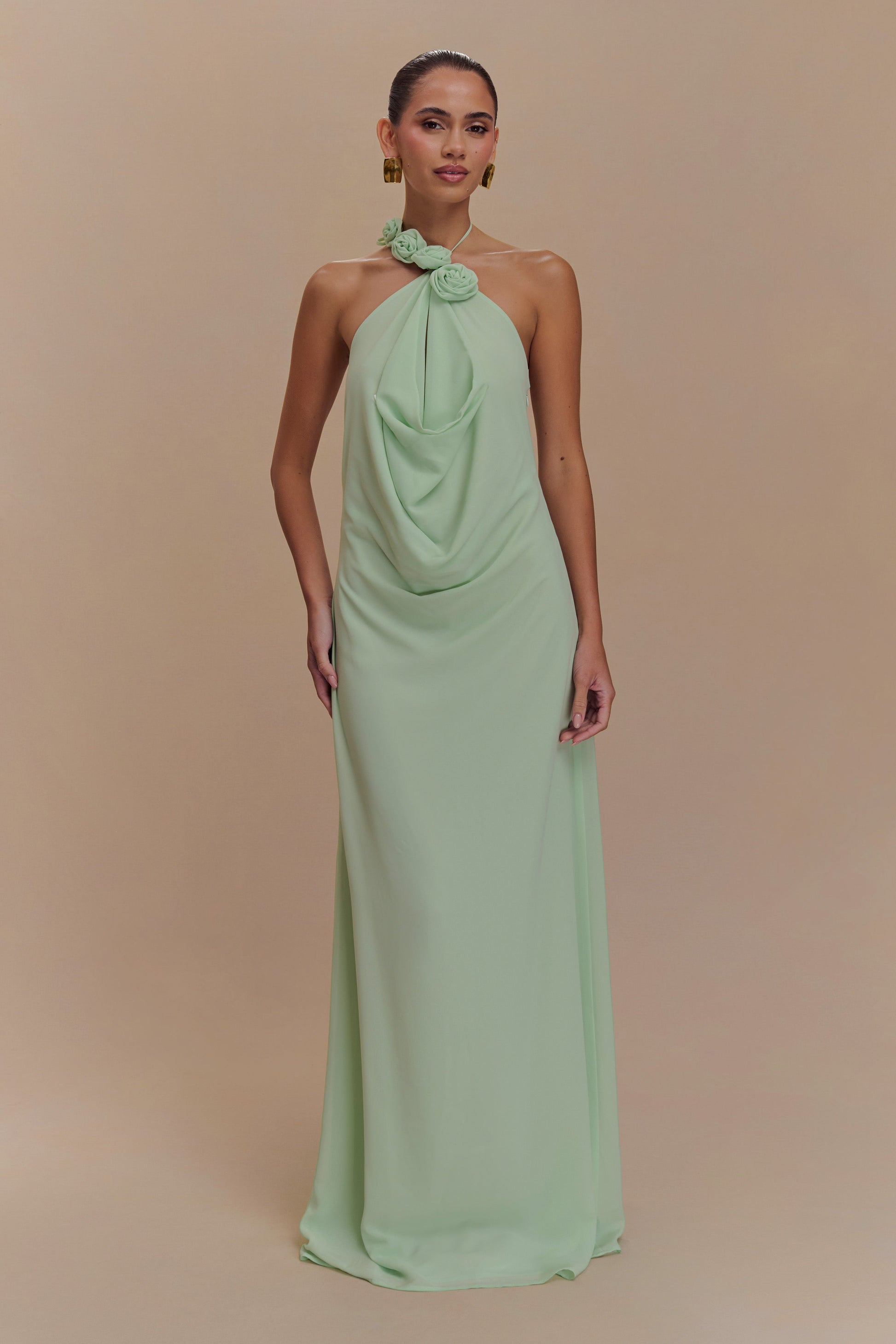 cowl neck maxi dress Alesso | Light Olive Satin Cowl-Neck Club L London The dress features a beautifully fitted bodice that transitions into a flowing maxi length Rosalia Cowl Neck Maxi Dress