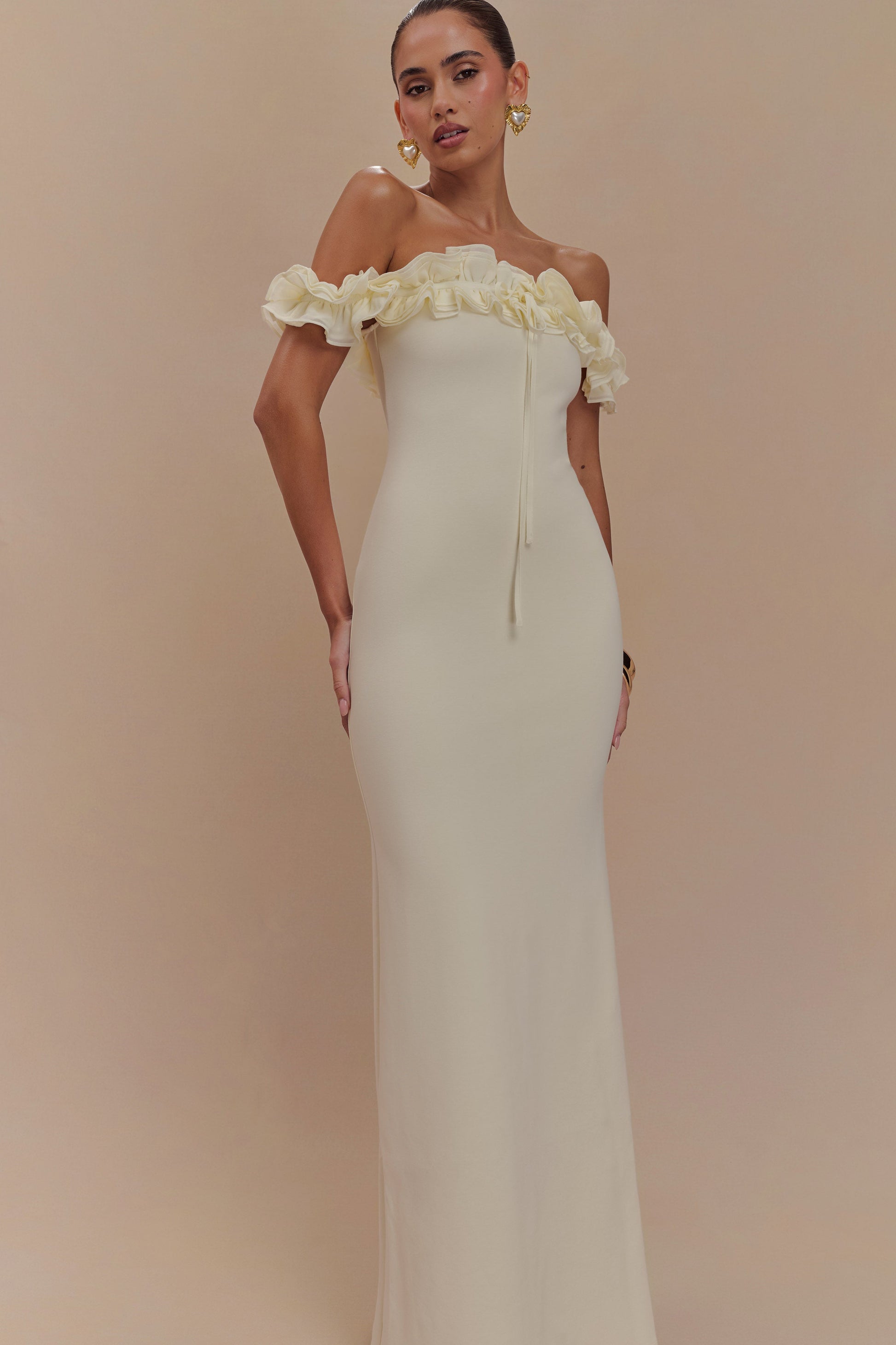 ruffle off the shoulder dress white Off-Shoulder Ruffle-Trim Gown in Ivory - 2