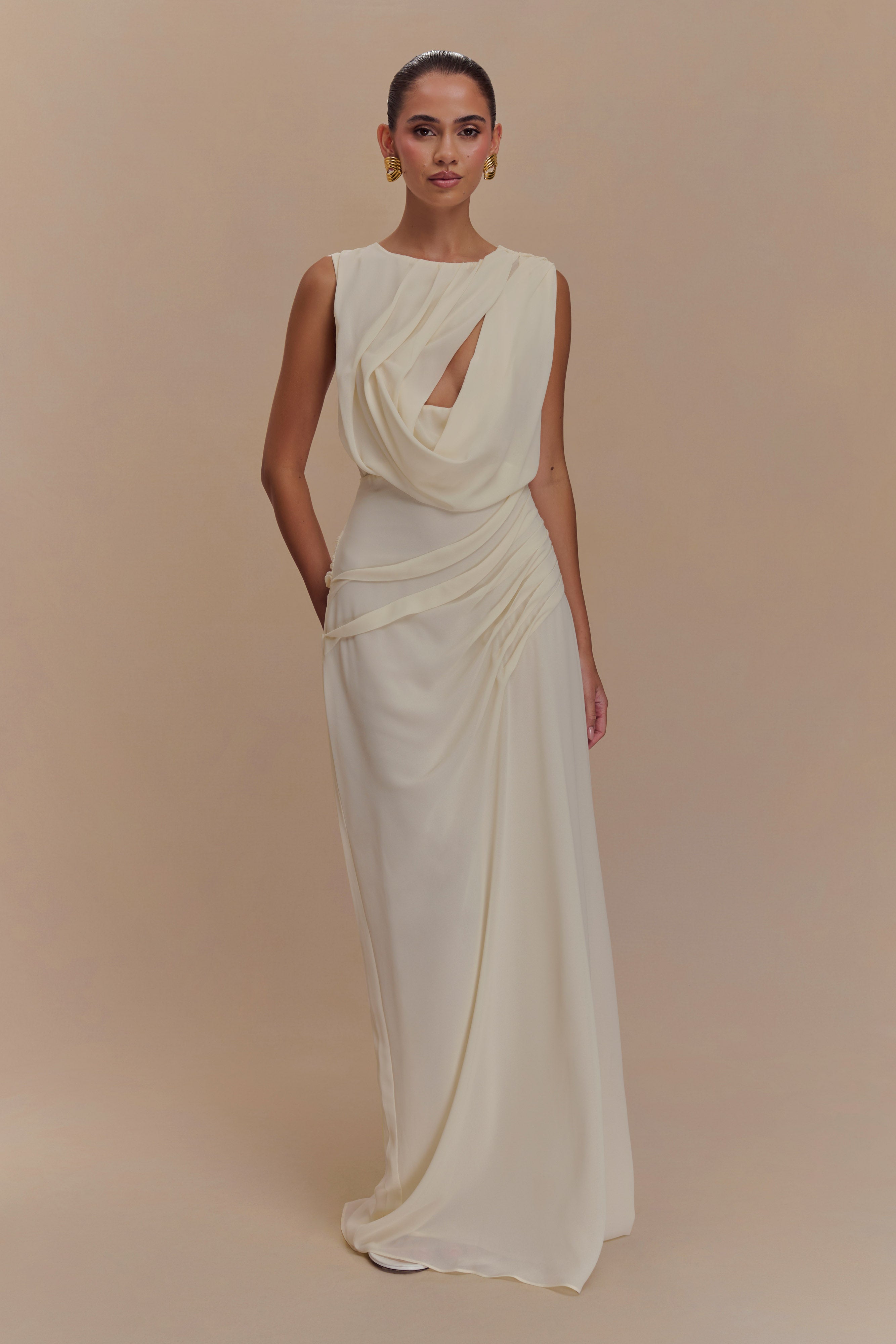 Oria Chiffon Maxi Dress - Ivory | MESHKI US