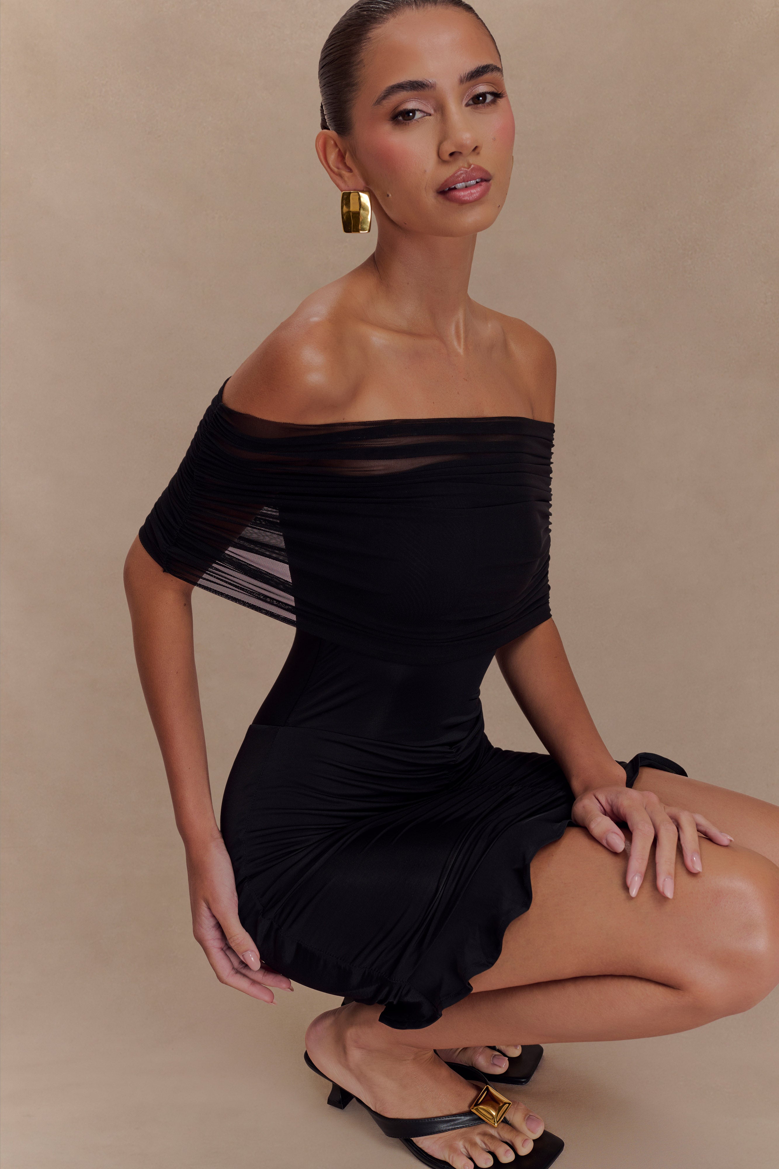 Caspian Slinky And Mesh Off Shoulder Mini Dress - Black | MESHKI US