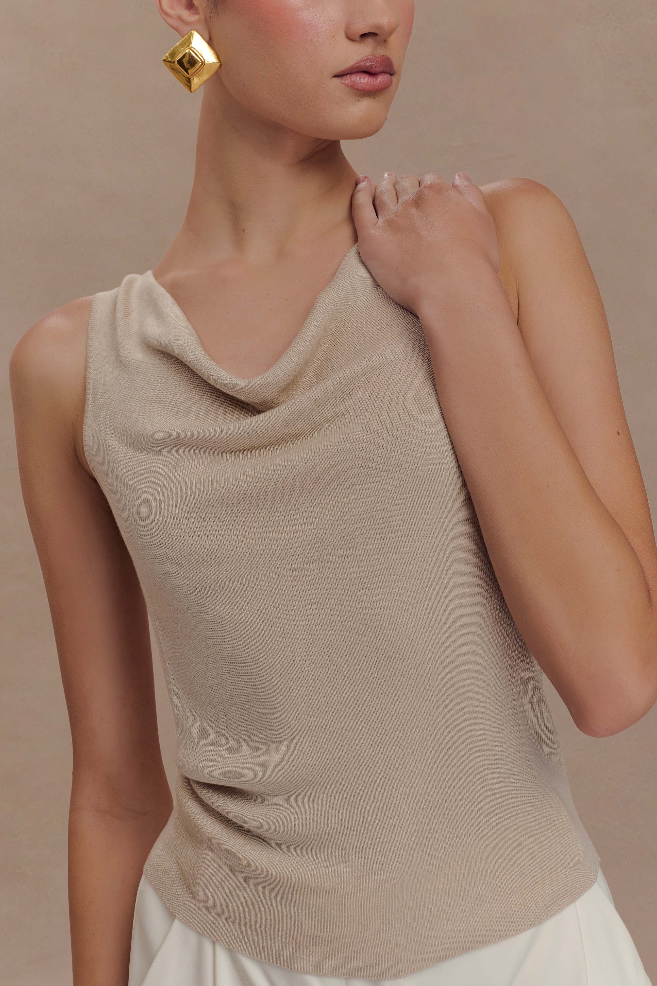 Brenda Draped Front Knit Top - Stone | MESHKI US