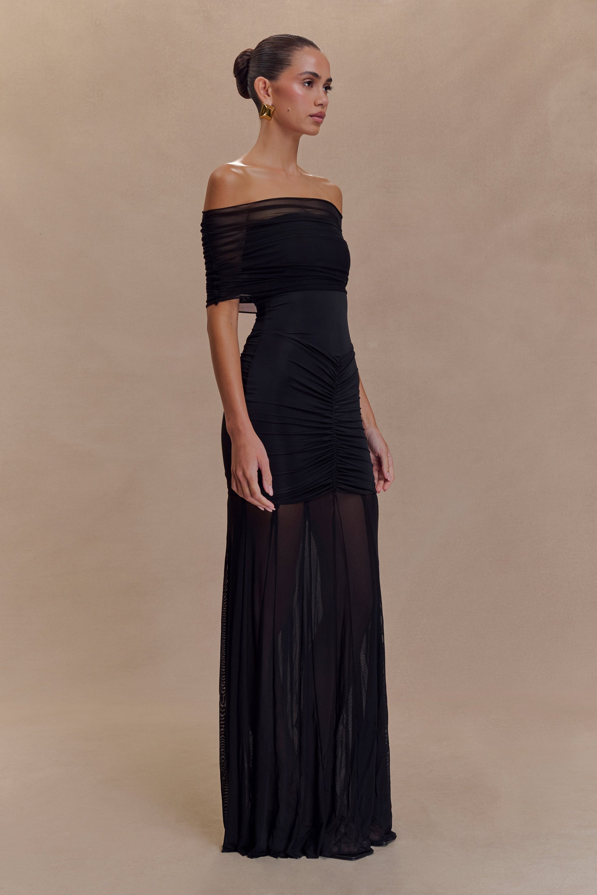 Caspian Slinky And Mesh Off Shoulder Maxi Dress