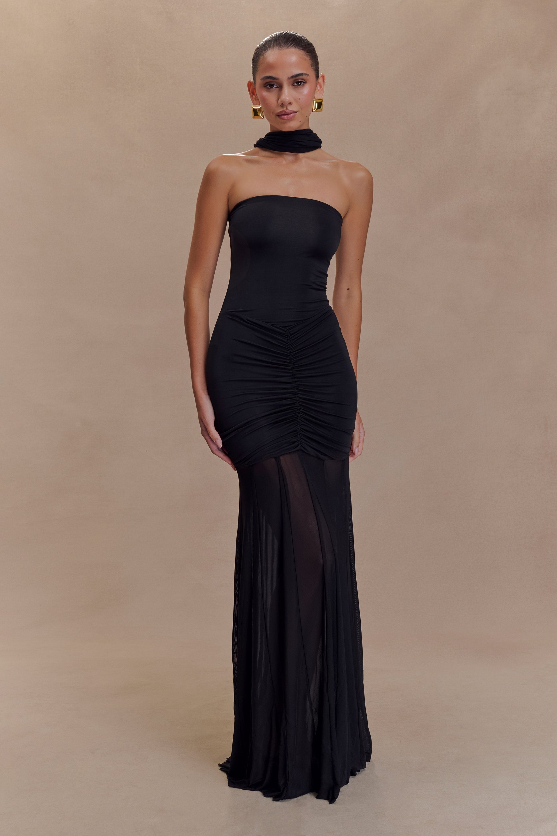 Caspian Slinky And Mesh Off Shoulder Maxi Dress / Black | MESHKI | 3XL Caspian Slinky And Mesh Off Shoulder Maxi Dress / Black | MESHKI | 3XL