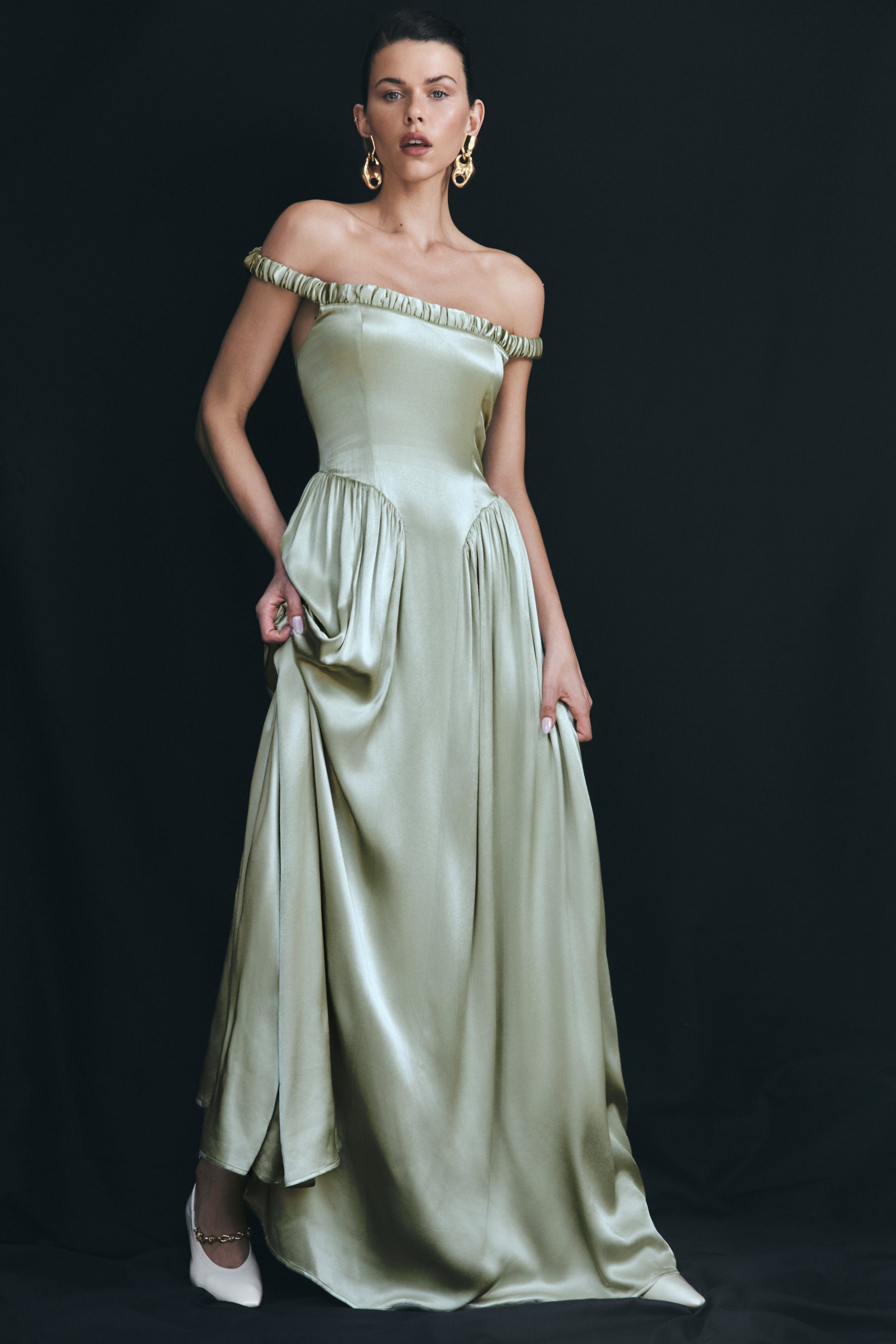 meshki sage green dress Avery Long Sleeve Maxi / | Featuring a strapless neckline with a twisted Clarisse Pleated Maxi Dress /