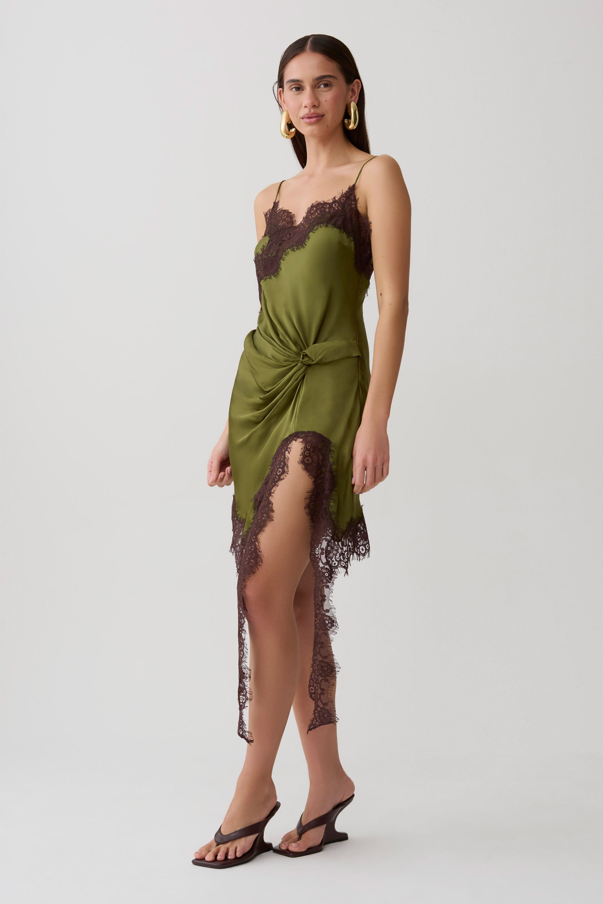 Amber Satin And Lace Mini Dress - Olive #4