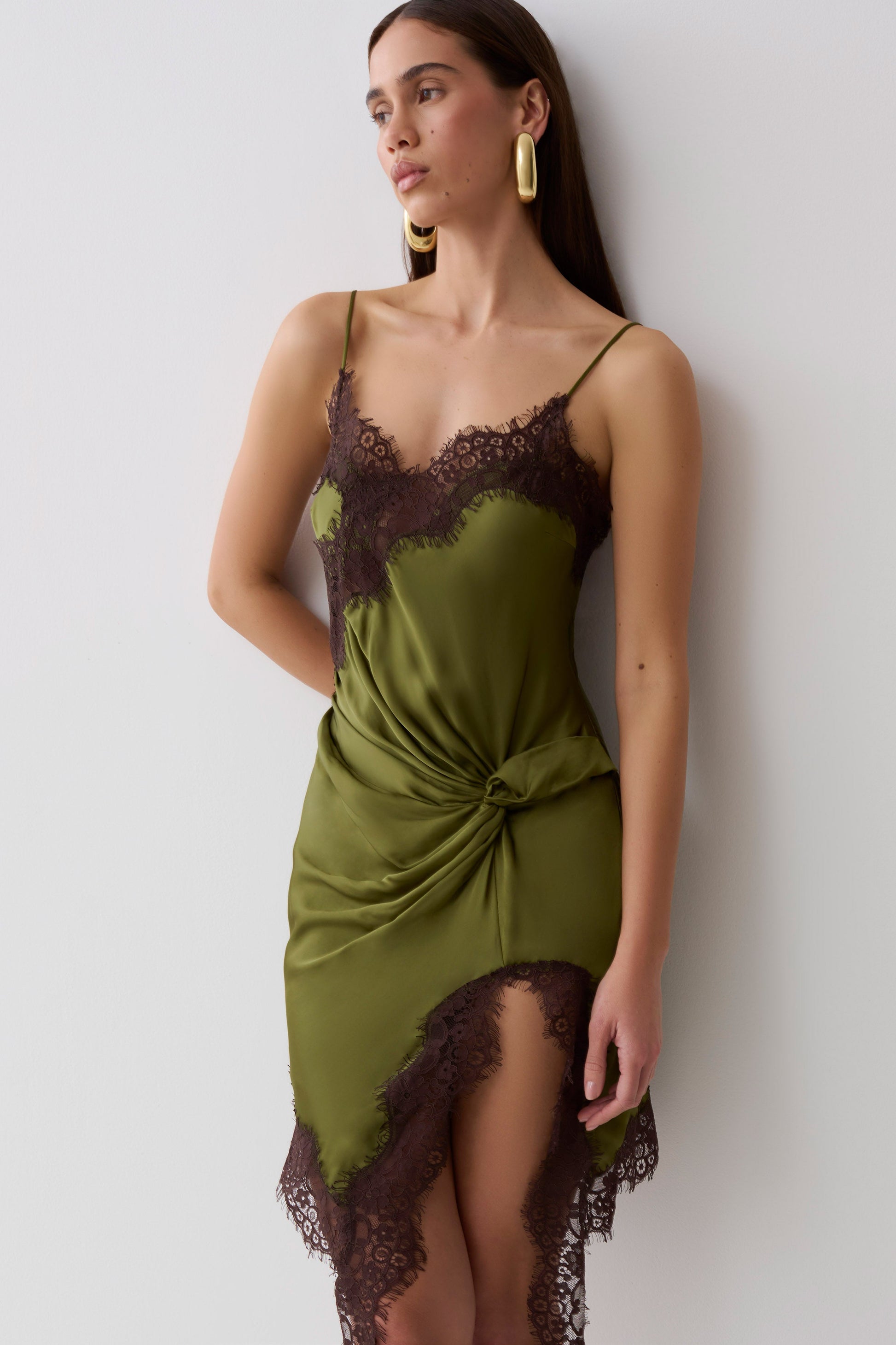 Amber Satin And Lace Mini Dress - Olive #3