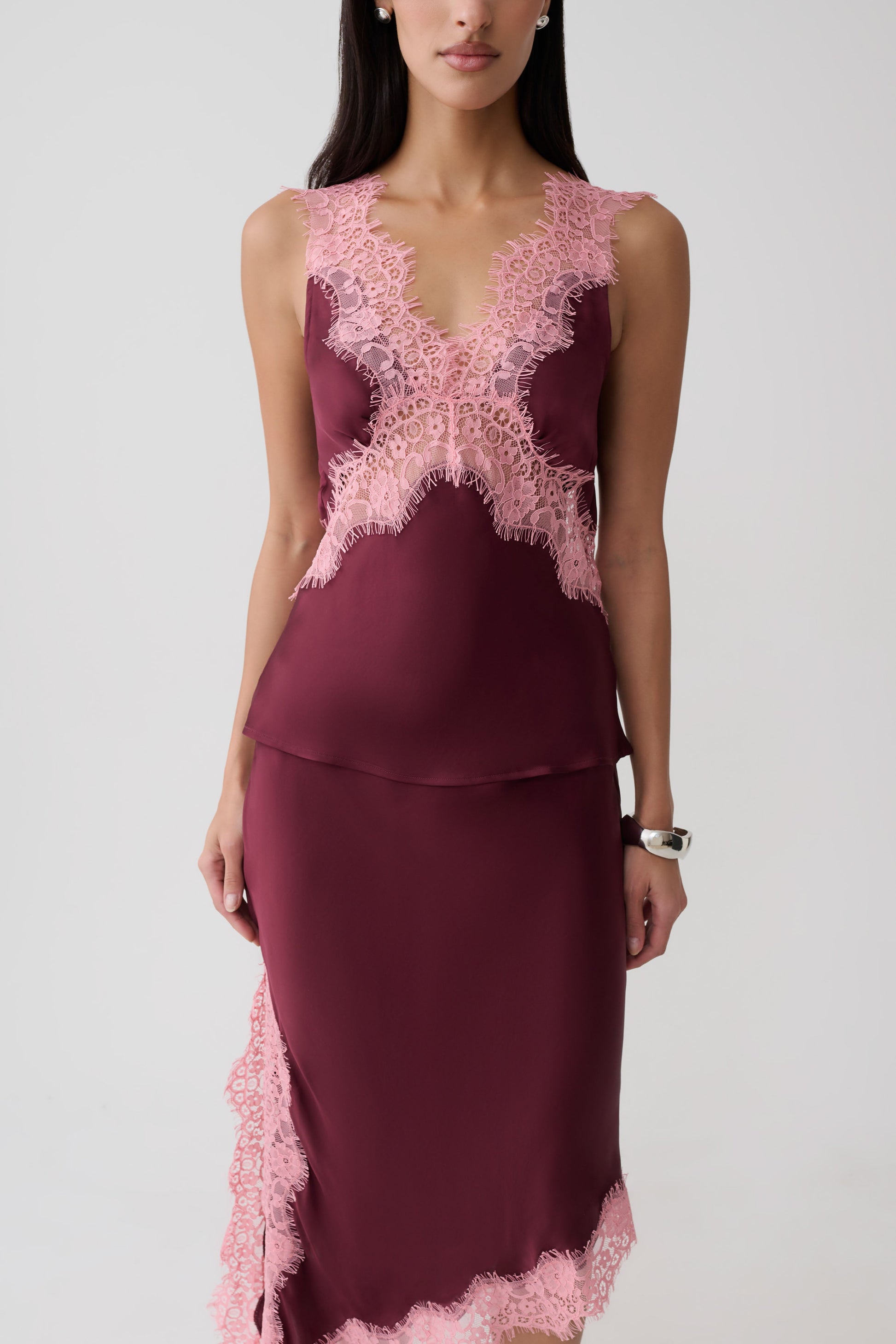 Amber Satin And Lace Camisole - Burgundy #3