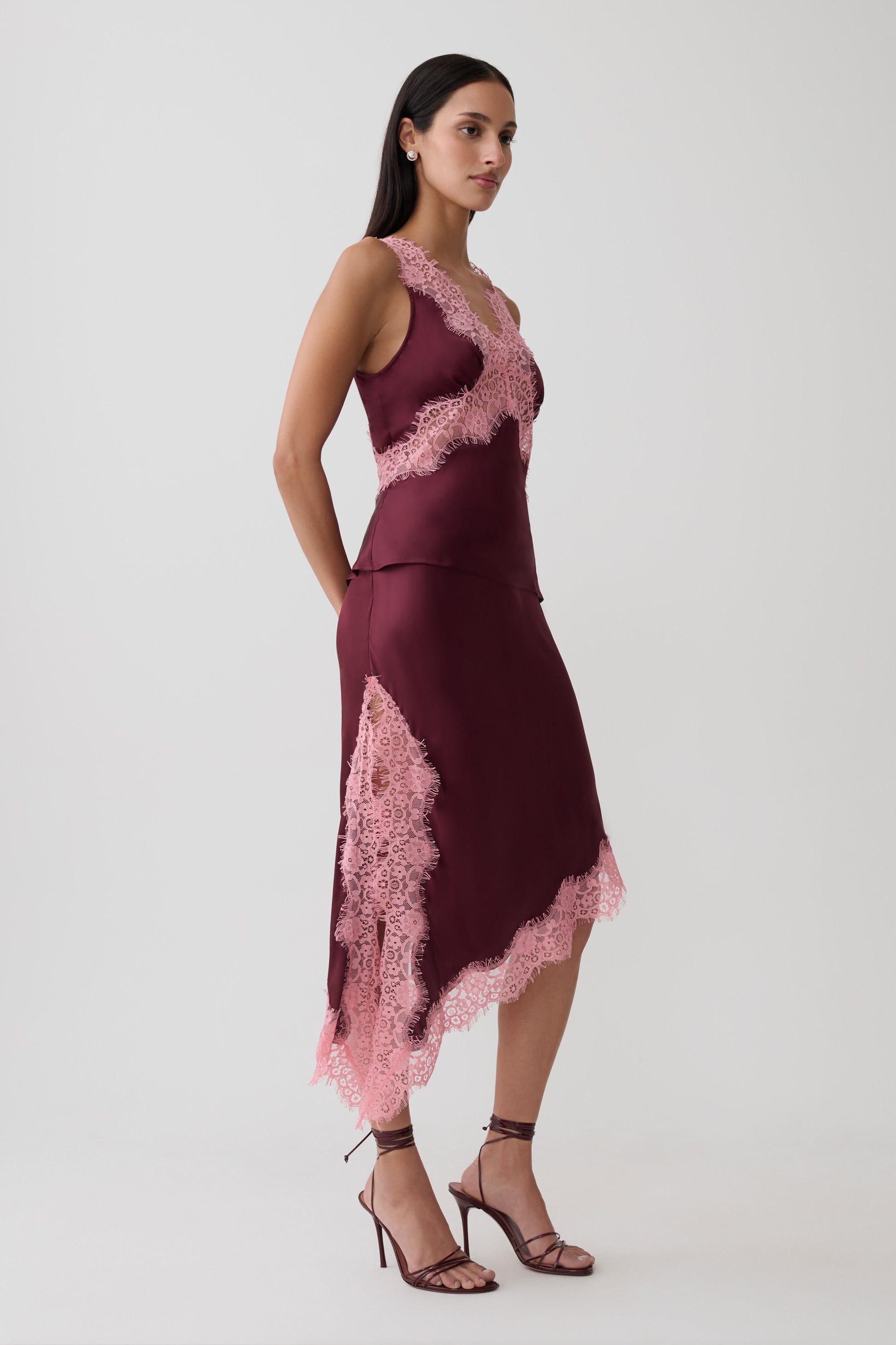 Amber Satin And Lace Midi Skirt - Burgundy #4