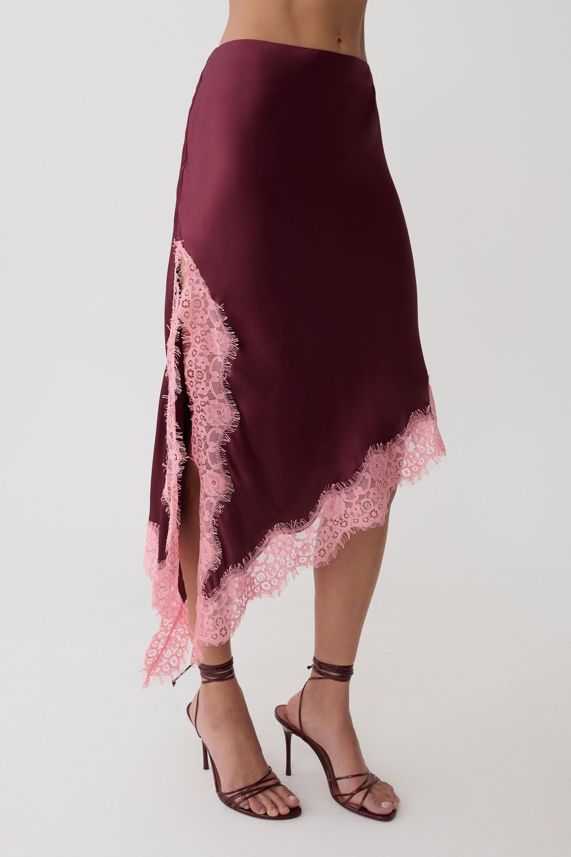 Amber Satin And Lace Midi Skirt - Burgundy #7