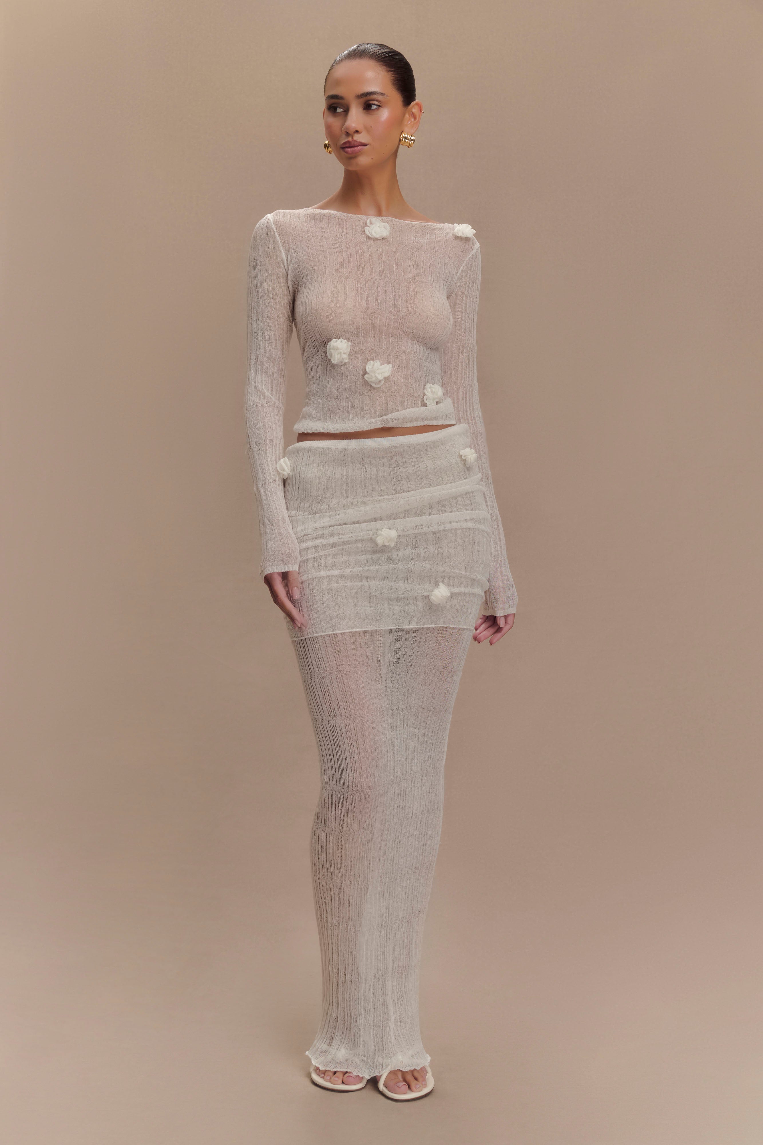 Orianna Orchid Long Sleeve Knit Top - Ivory | MESHKI US