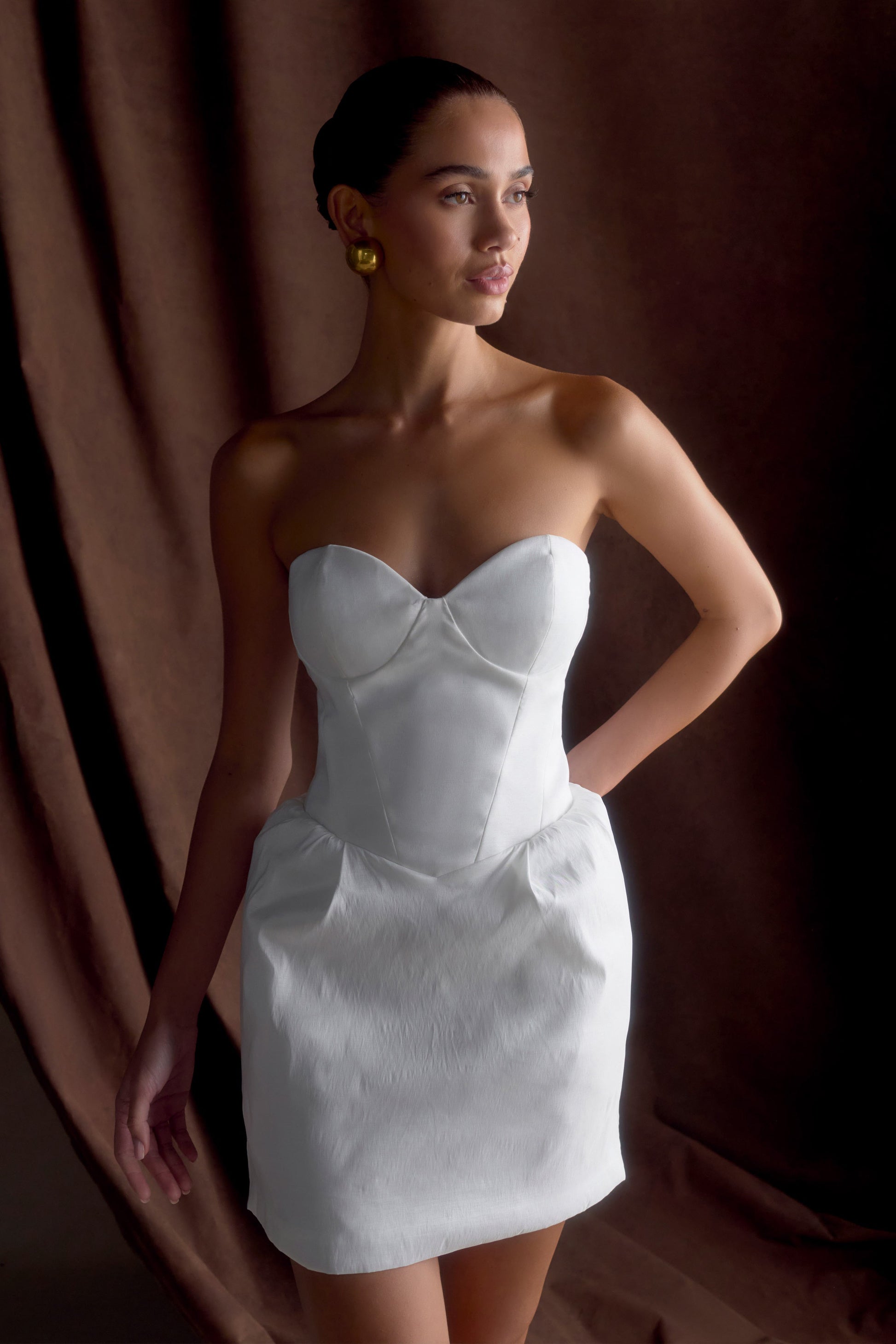 Suzette Taffeta Bow Mini Dress / White | MESHKI