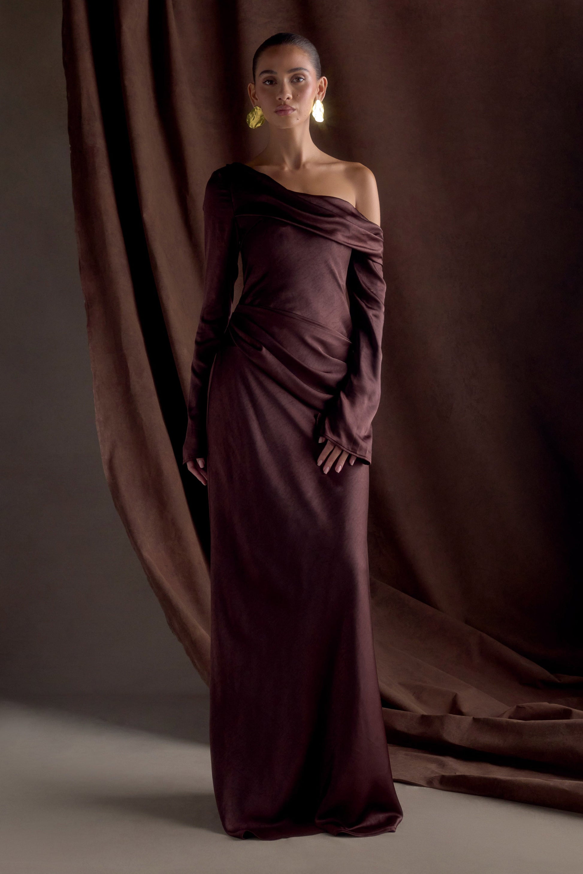Iris Long Sleeve Satin Maxi Dress / Dark Chocolate | MESHKI | S Iris Long Sleeve Satin Maxi Dress / Dark Chocolate | MESHKI | S