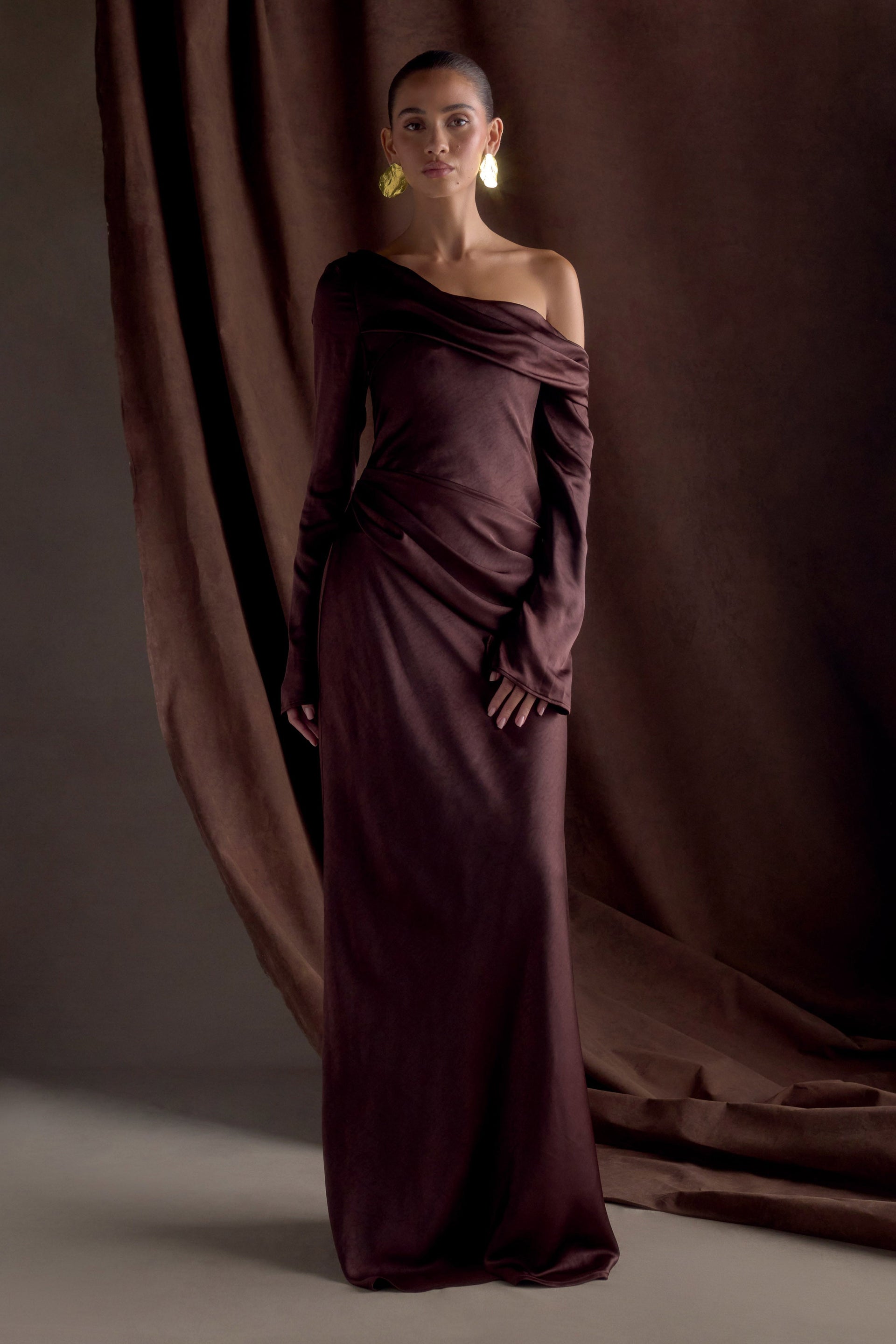 Iris Long Sleeve Satin Maxi Dress - Dark Chocolate