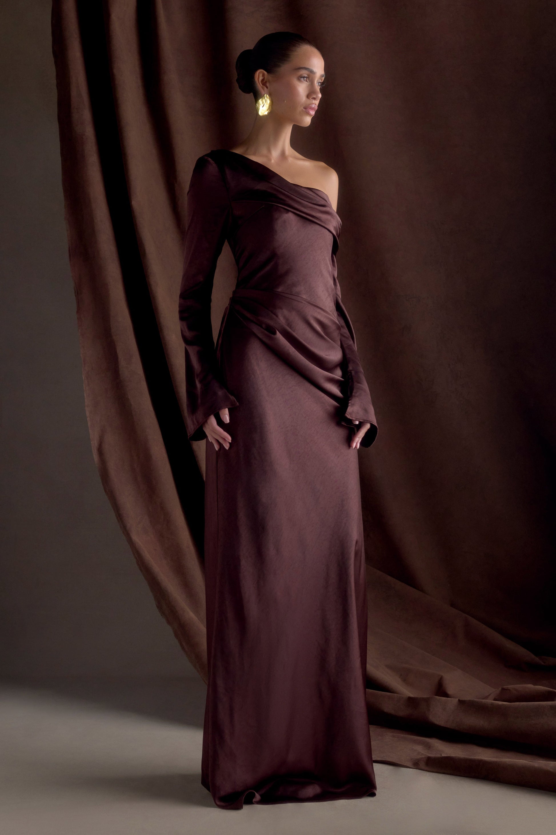 Iris Long Sleeve Satin Maxi Dress / Dark Chocolate | MESHKI | S Iris Long Sleeve Satin Maxi Dress / Dark Chocolate | MESHKI | S