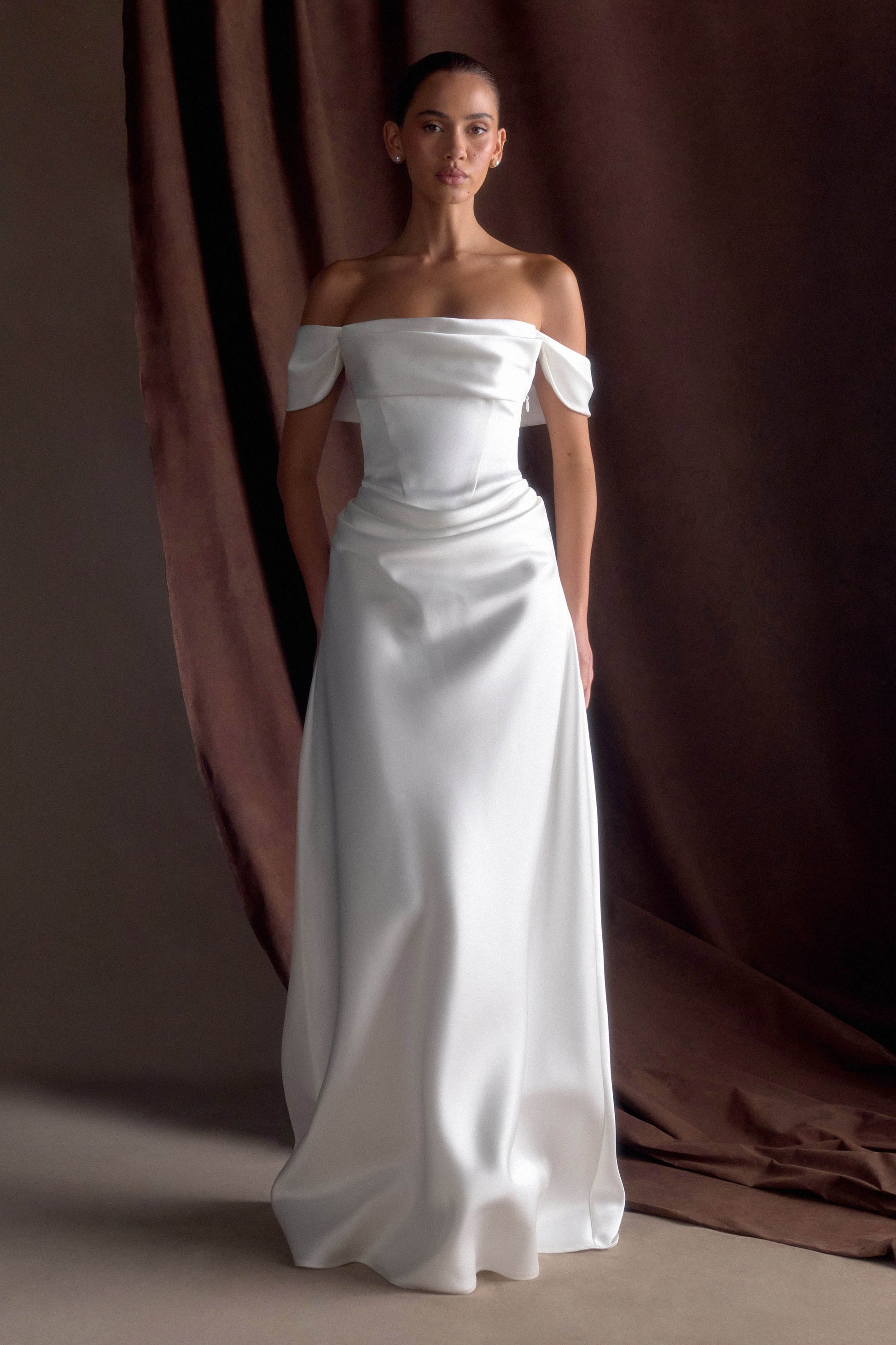Maxi Dress White Satin Off The Shoulder Dress Off Shoulder Bardot White Satin Dress, Flowy Ivory Maxi Dress White Satin Off The Shoulder Dress Off Shoulder Bardot White Satin Dress, Flowy Ivory
