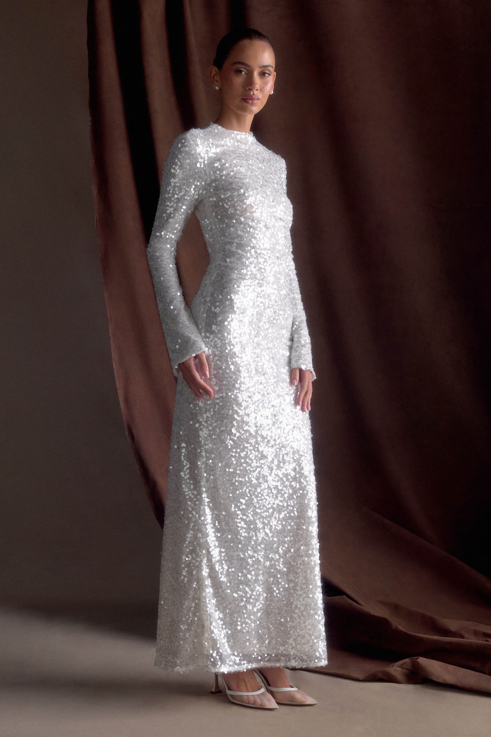 Sofia Long Sleeve Sequin Maxi Dress / White | MESHKI | XXS Sofia Long Sleeve Sequin Maxi Dress / White | MESHKI | XXS