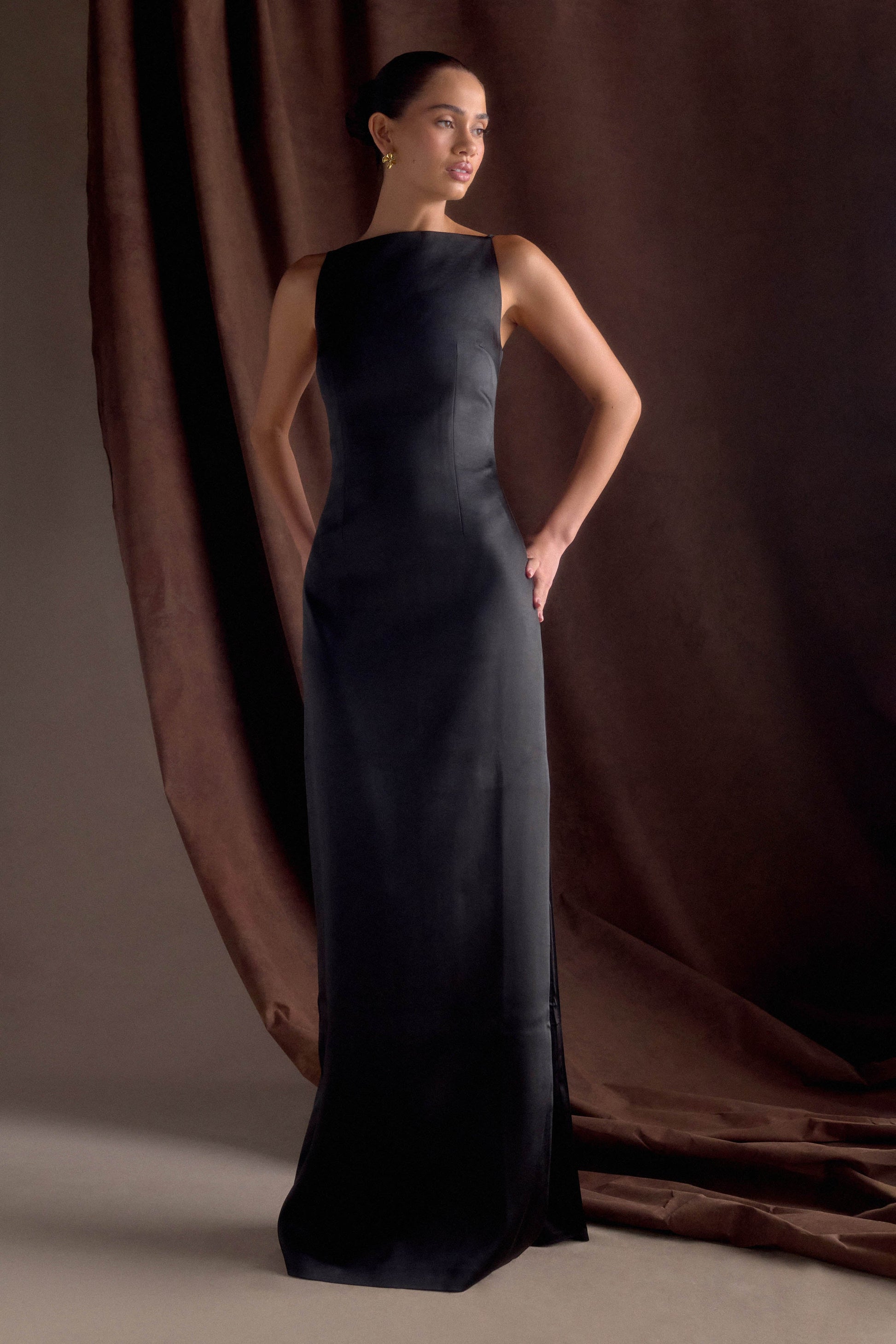 maxi dress evening wear Violet Sleeveless Satin Maxi Dress / Black | MESHKI