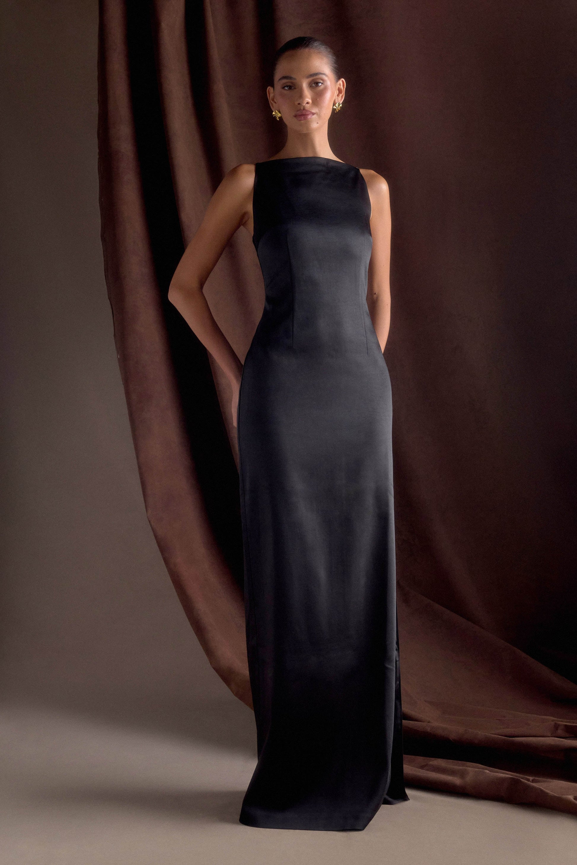 long satin black dress Thats So Fetch | Corwin Open Back Maxi | feminine look at weddings Violet Sleeveless Satin Maxi Dress